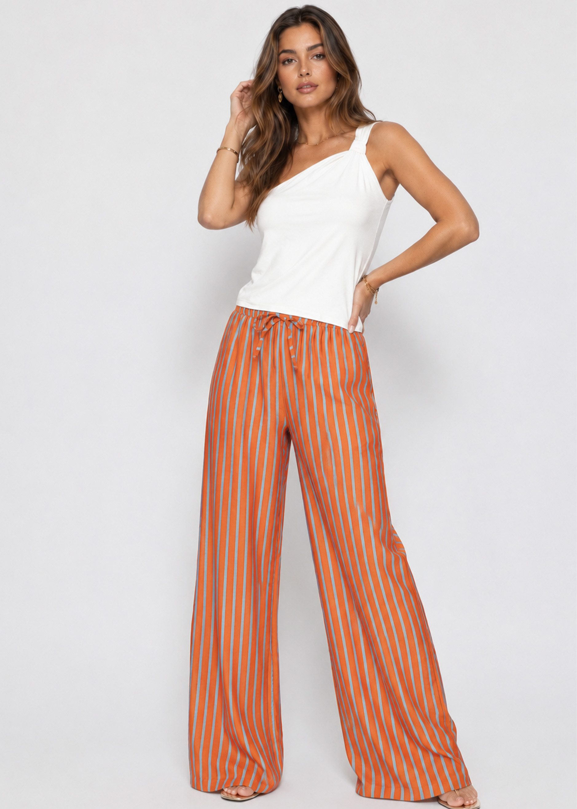 SASSYCLASSY Stoffhose Gestreifte Tall Hose mit Kordelzug Damen Weit geschnittene Stoffhose mit Eingriffstaschen und elastischem Bund