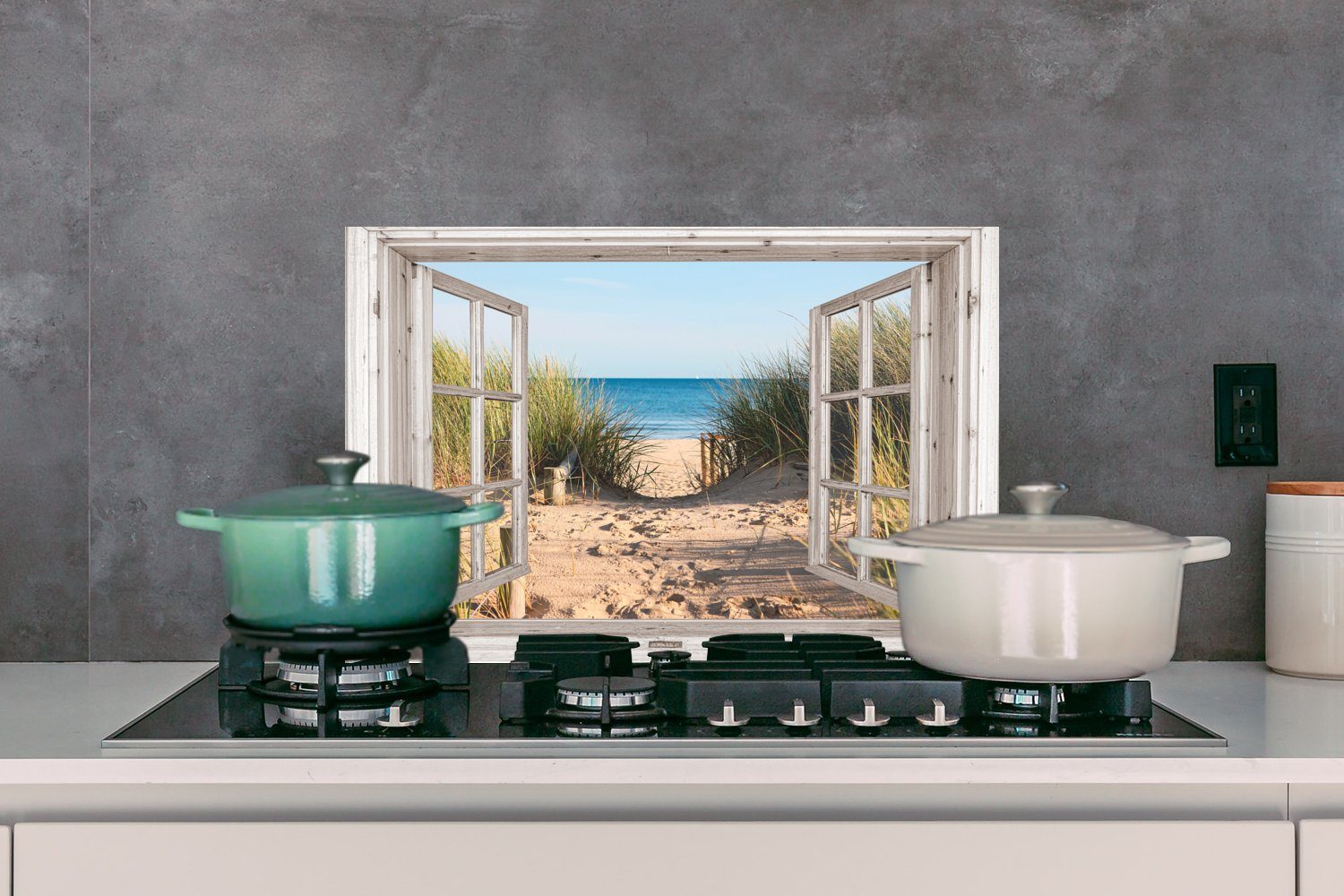 Sand MuchoWow Küchenrückwand küchen Herdblende - Temperaturbeständig Wandschutz, aus Wasser Durchblick - - Hochgras, 60x40 - - Strand (1-tlg), - cm, Meer Dünen