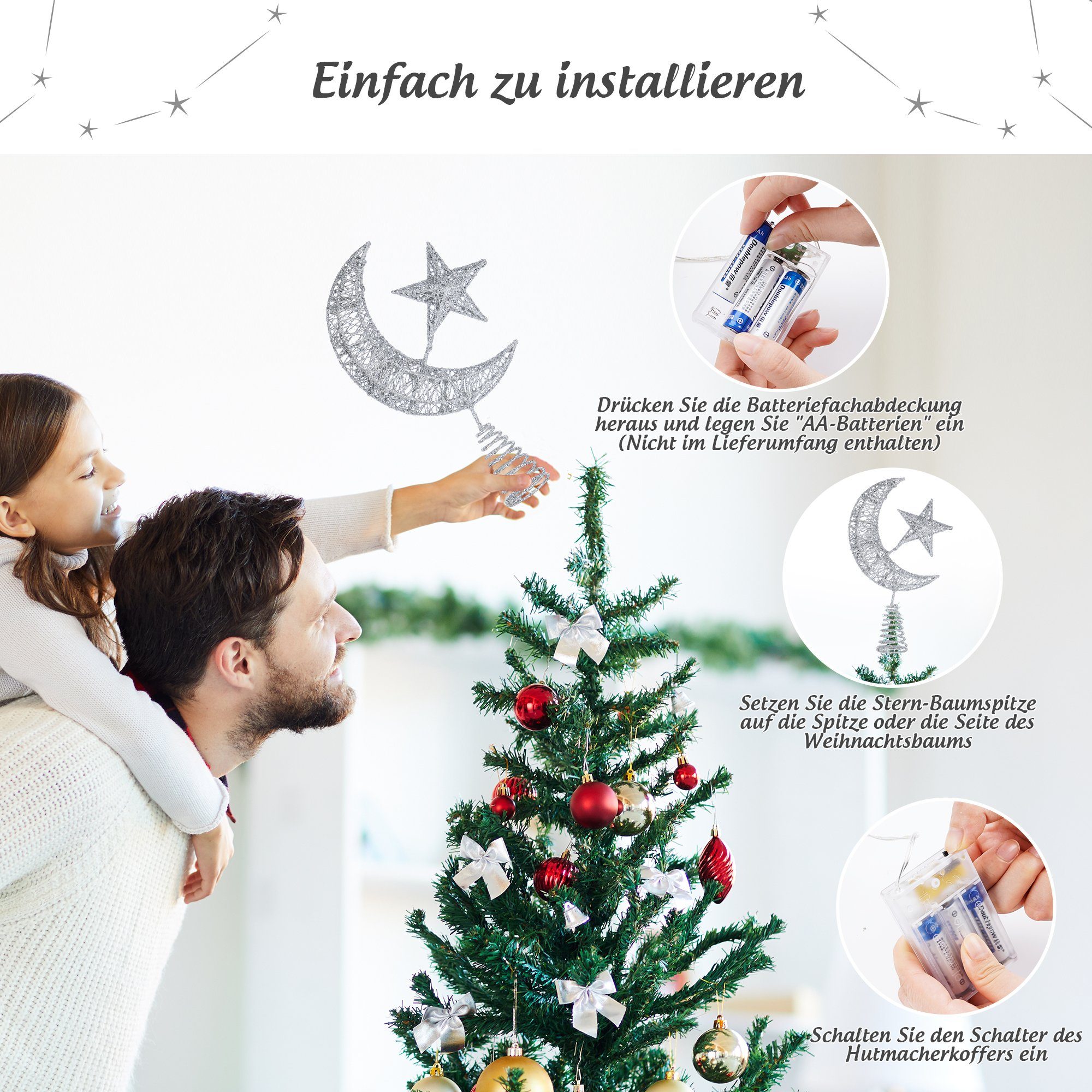 Dekoration (1-tlg), Christbaumschmuck Silber Christbaumspitze Homewit Topper Deko LED für Urlaub Weihnachtsbaumspitze Weihnachtsfeier Mond Weihnachtsbaum