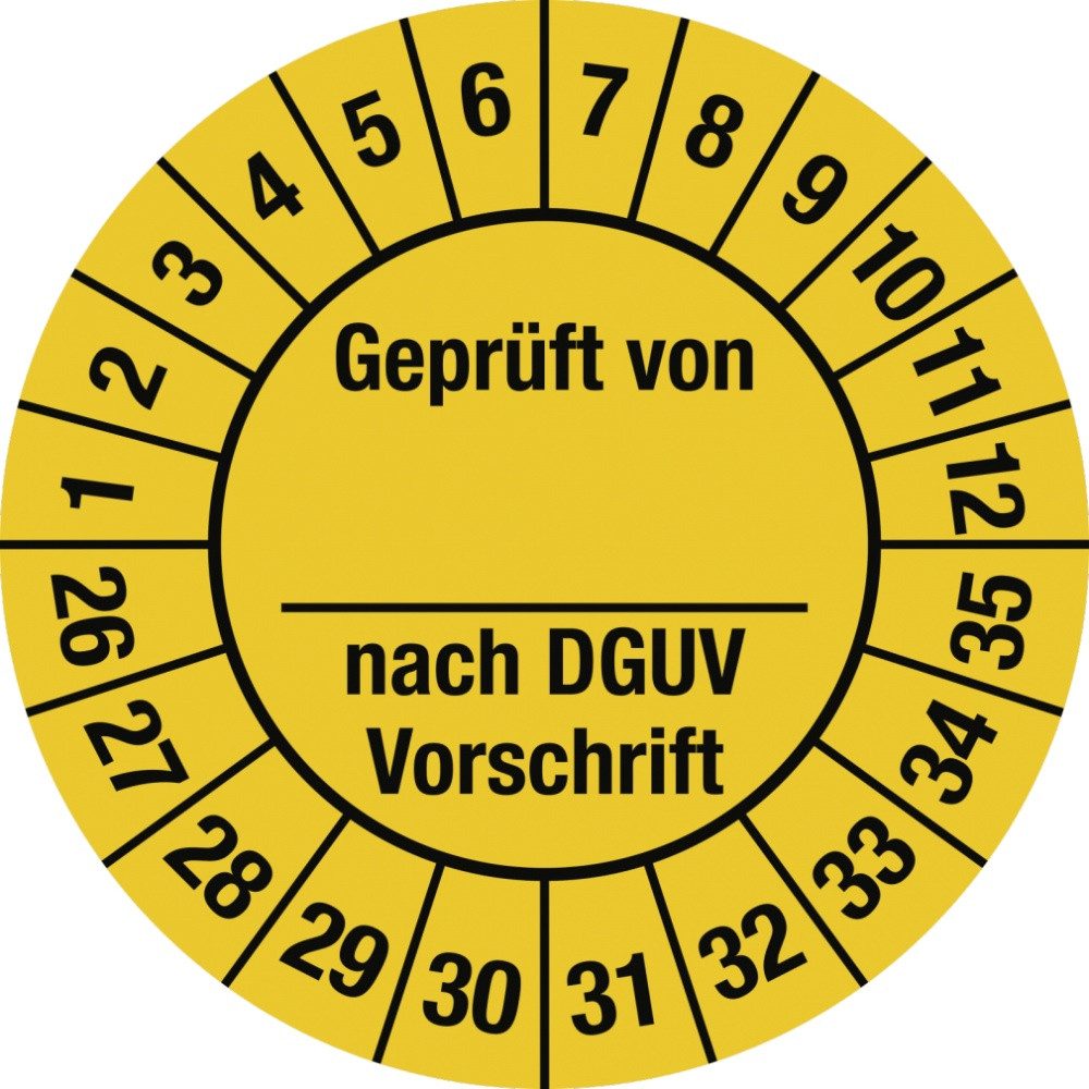 Hinweisschild Prüfplakette Geprüft...DGUV Vorschrift, 2026-2035, Folie, Ø 25 mm,10 S