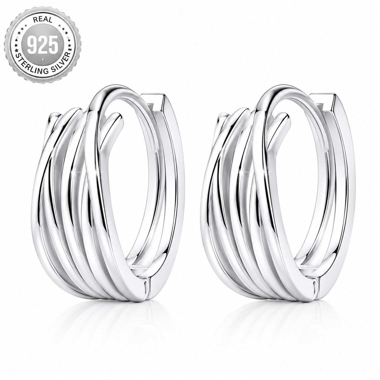 Taffstyle Paar Creolen Ohrringe 925 Sterling Silber Creolen Mehrreihig Klappcreolen Elegant (Elegante Zeitlose Silber Creolen mit moderner Mehrfachoptik - Geschenkidee für Frauen)