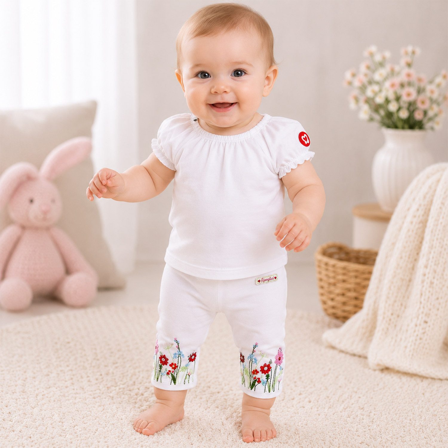BONDI Leggings Capri Leggings 'Blumenwiese' Stickerei 86627, Wei