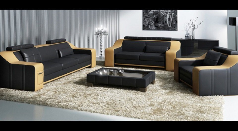 Made 3+2+1 in Europe Sitzer Wohnlandschaft Modern neu, Sofa Couch Schwarz/Gelb Ledersofa Sofa JVmoebel