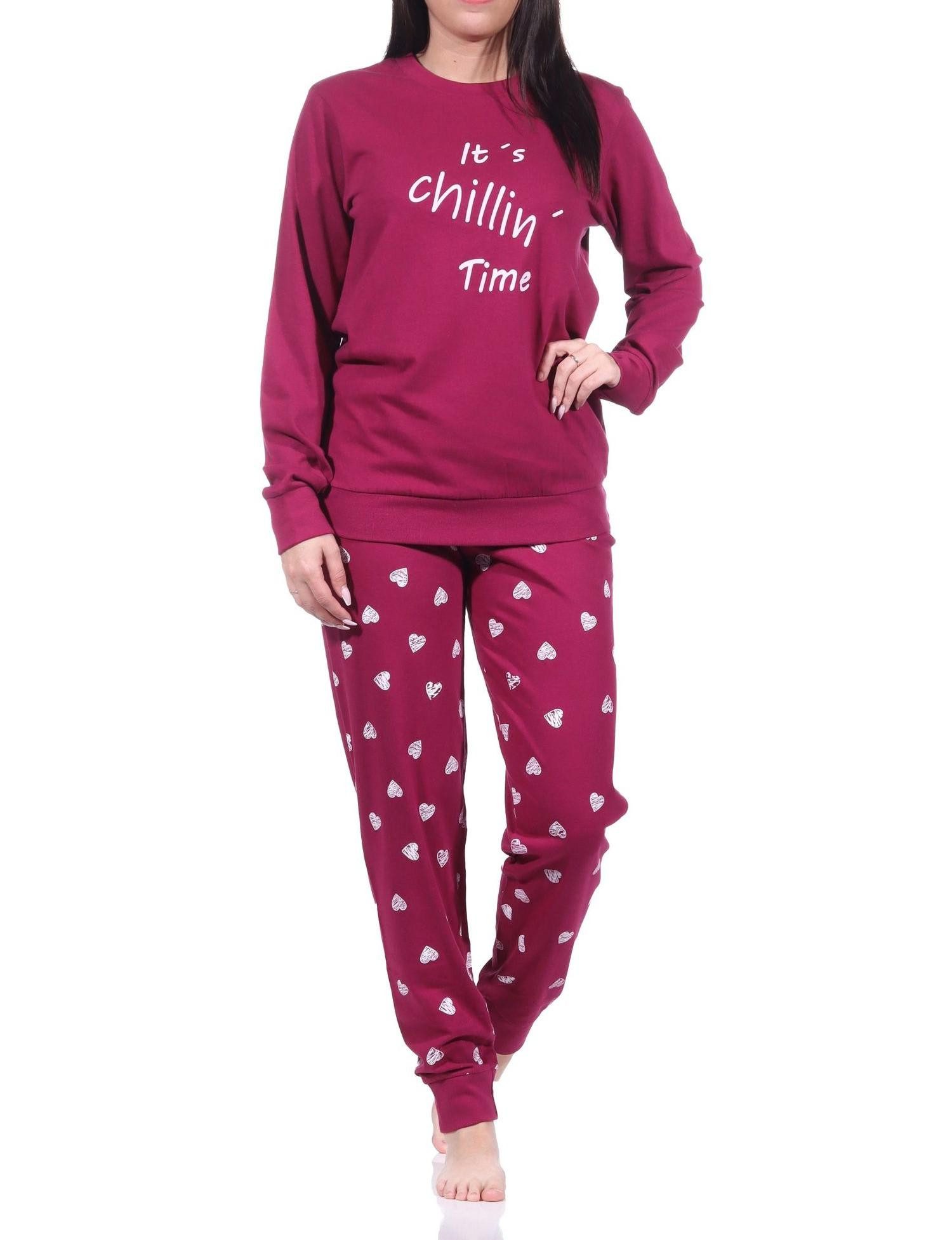 Normann Pyjama Normann Damen langarm Schlafanzug mit Bündchen in Herz Punkte Optik
