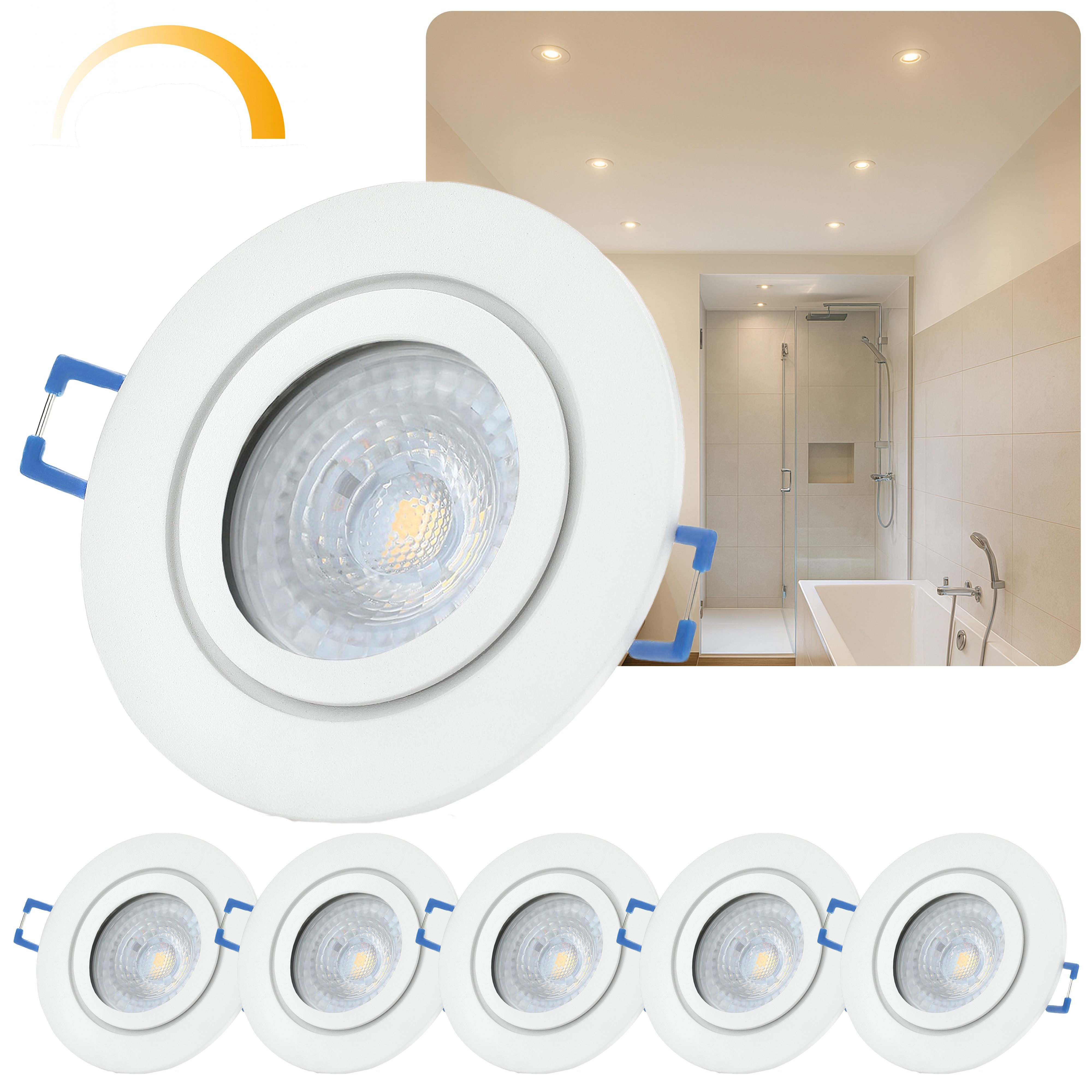 Sweet LED LED Einbaustrahler 6er Set GU10 IP44 7W dimmbar Deckenspots Bad & Küche weiß 230V, Dimmfunktion, LED wechselbar, warmweiß, GU10 LED Deckenspots, spritzwassergeschützt (IP44)