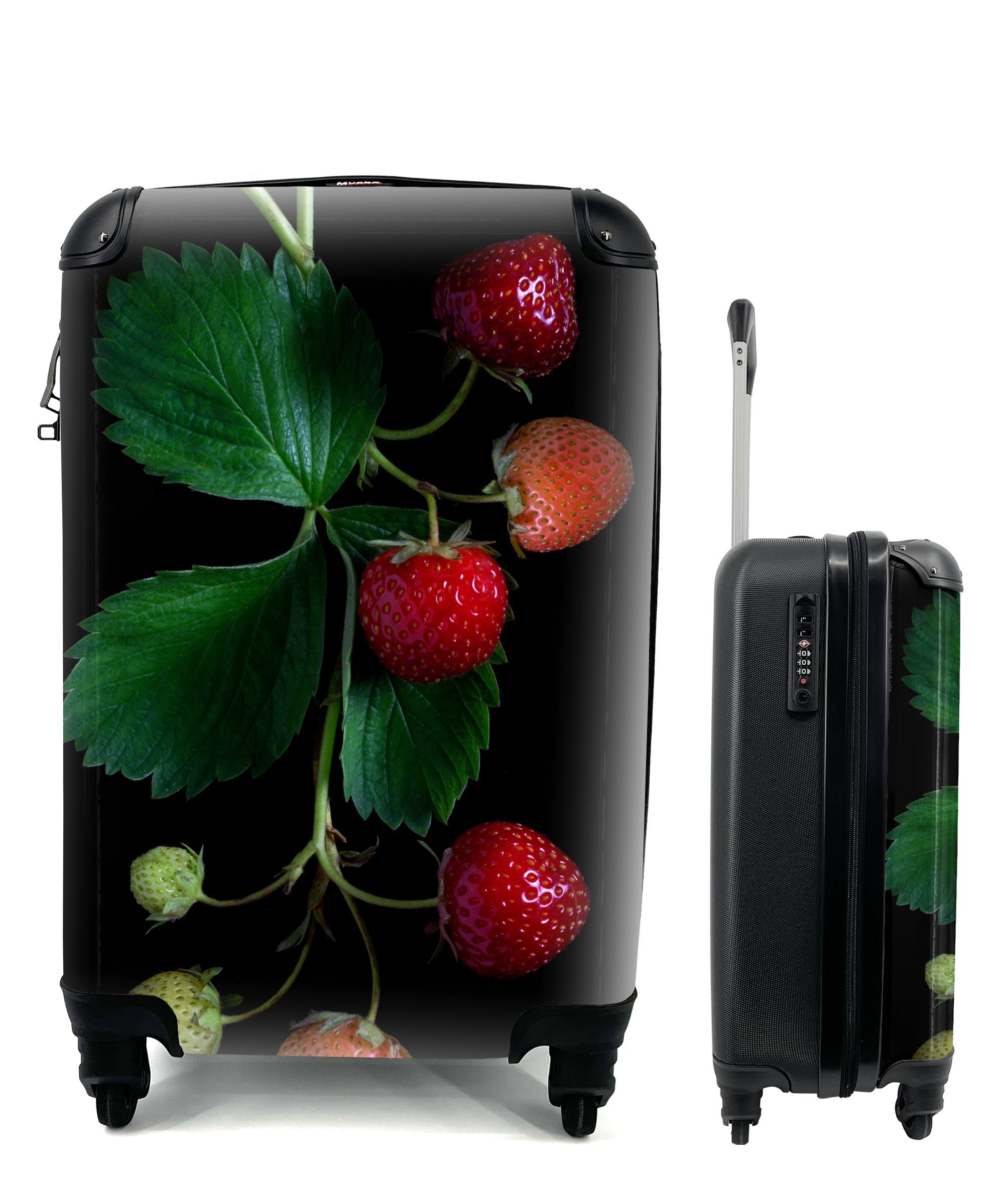 MuchoWow Handgepäckkoffer Eine Erdbeerpflanze auf schwarzem Hintergrund, 4 Rollen, Reisetasche mit rollen, Handgepäck für Ferien, Trolley, Reisekoffer