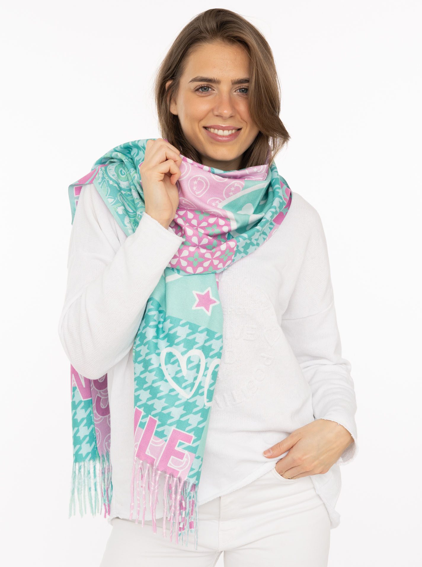Zwillingsherz Schal "Printclash Smile", mit Fransen, Mustermix und Schriftzug