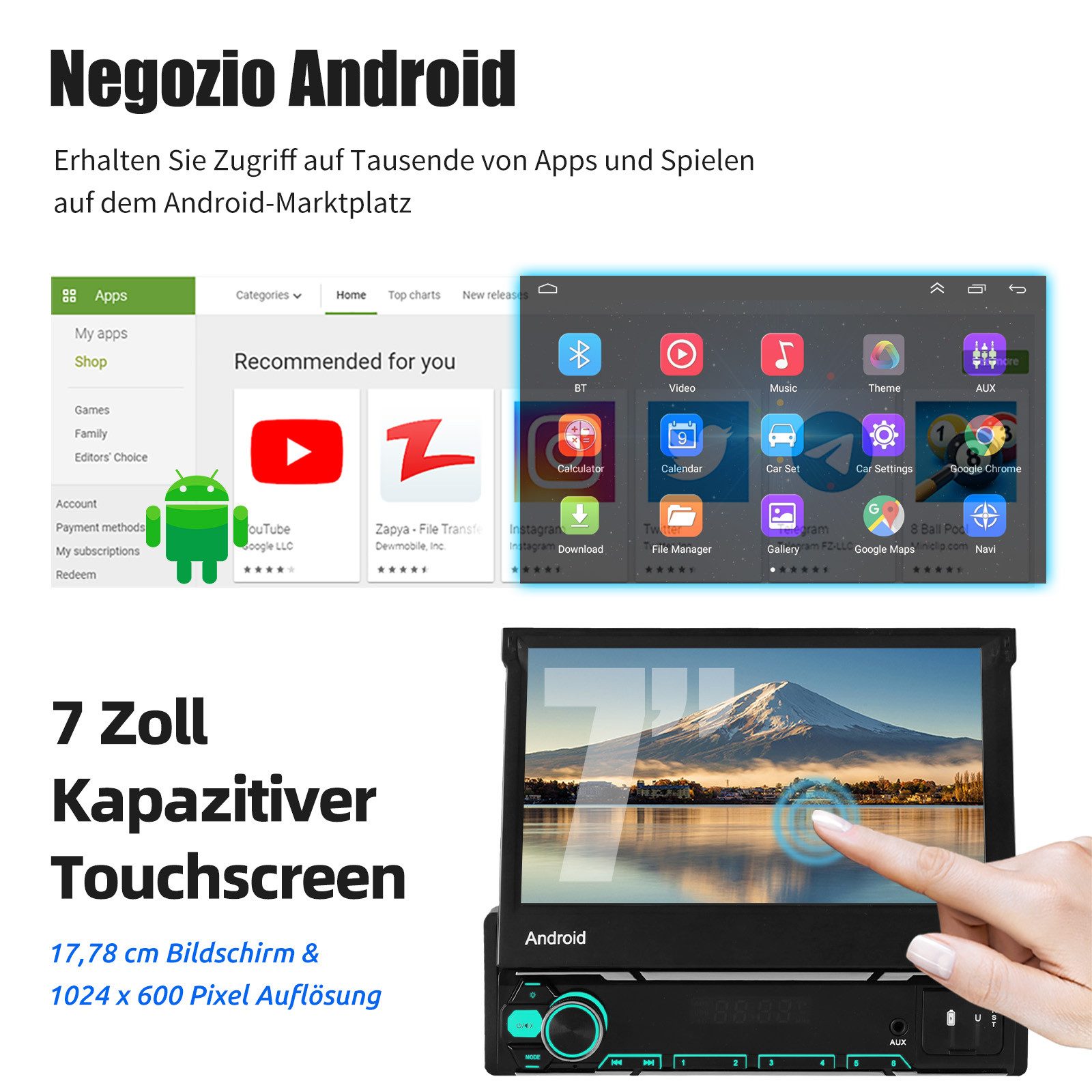 ESSGOO DAB+ 4+64G 1 DIN 7 Zoll Flip Out Android 15 Carplay Autoradio GPS WIFI Navigationsgerät (Apple Carplay Android Auto GPS Navi WIFI BT EQ)