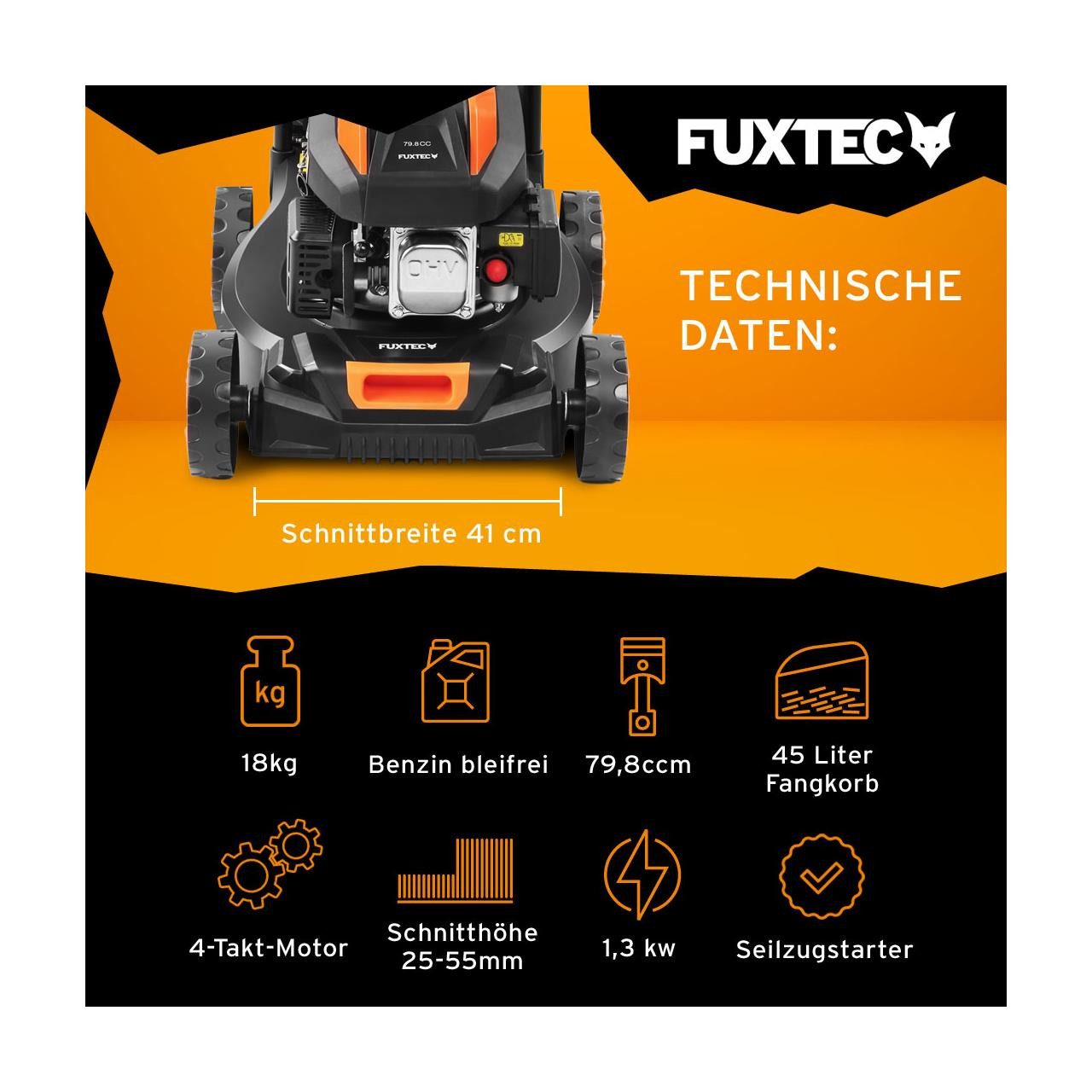 FUXTEC Benzinrasenmäher FX-RM4180, 40,6 cm Schnittbreite, 40 cm Schnittbreite, 45 L Fangkorb, 80 ccm