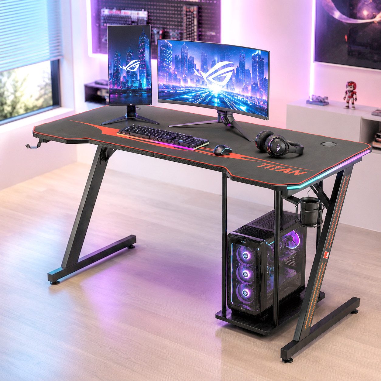 MY SIT Schreibtisch Gaming Tisch 140 cm TITAN mit LED Beleuchtung und Mauspad