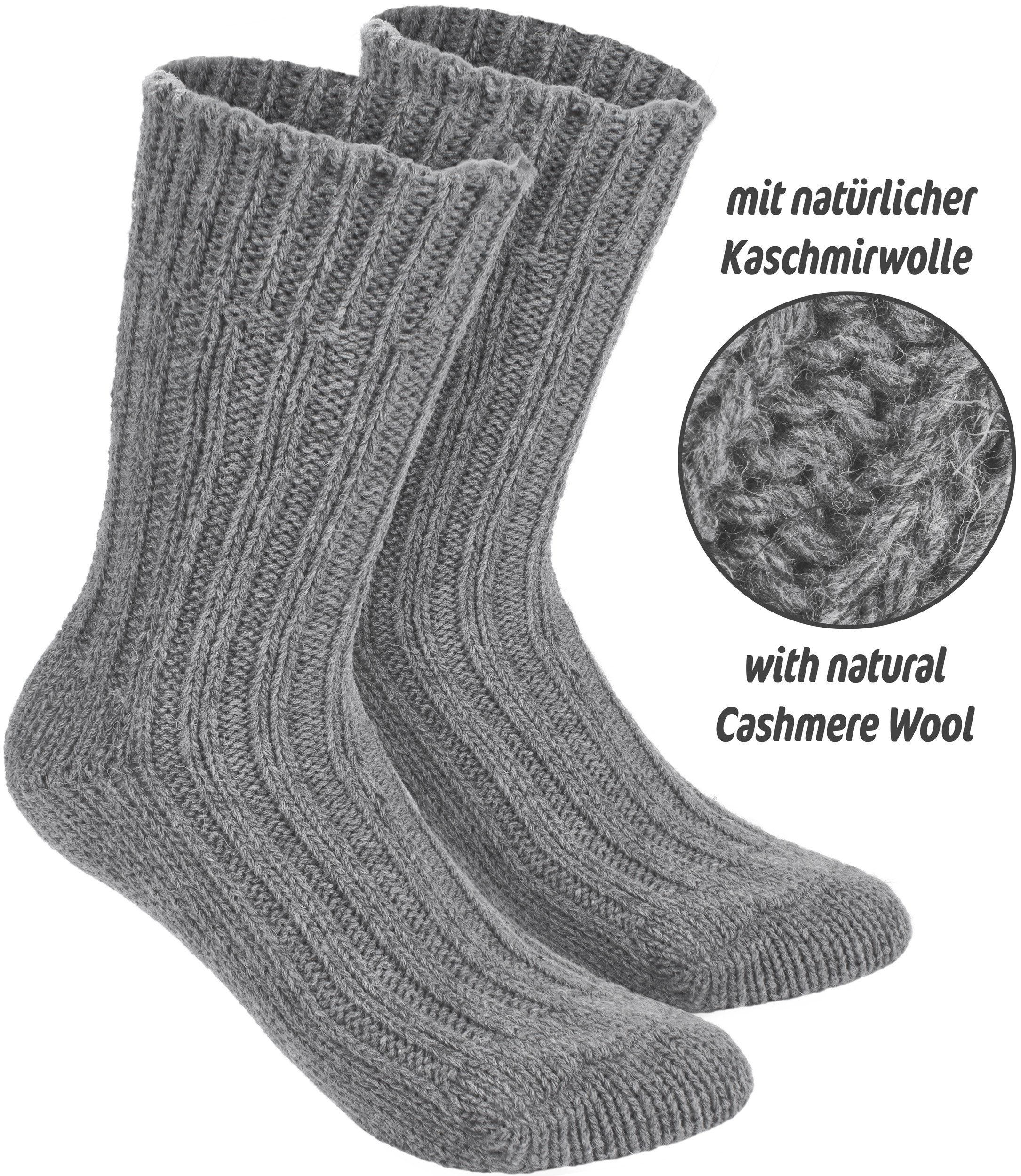 Braun Anteil) (4-Paar, Kaschmir-Socken 48% Kuschelsocken Cashmere BRUBAKER warme Damen und und Wintersocken Schafswolle Grau für Grobstrick 40% und Herren