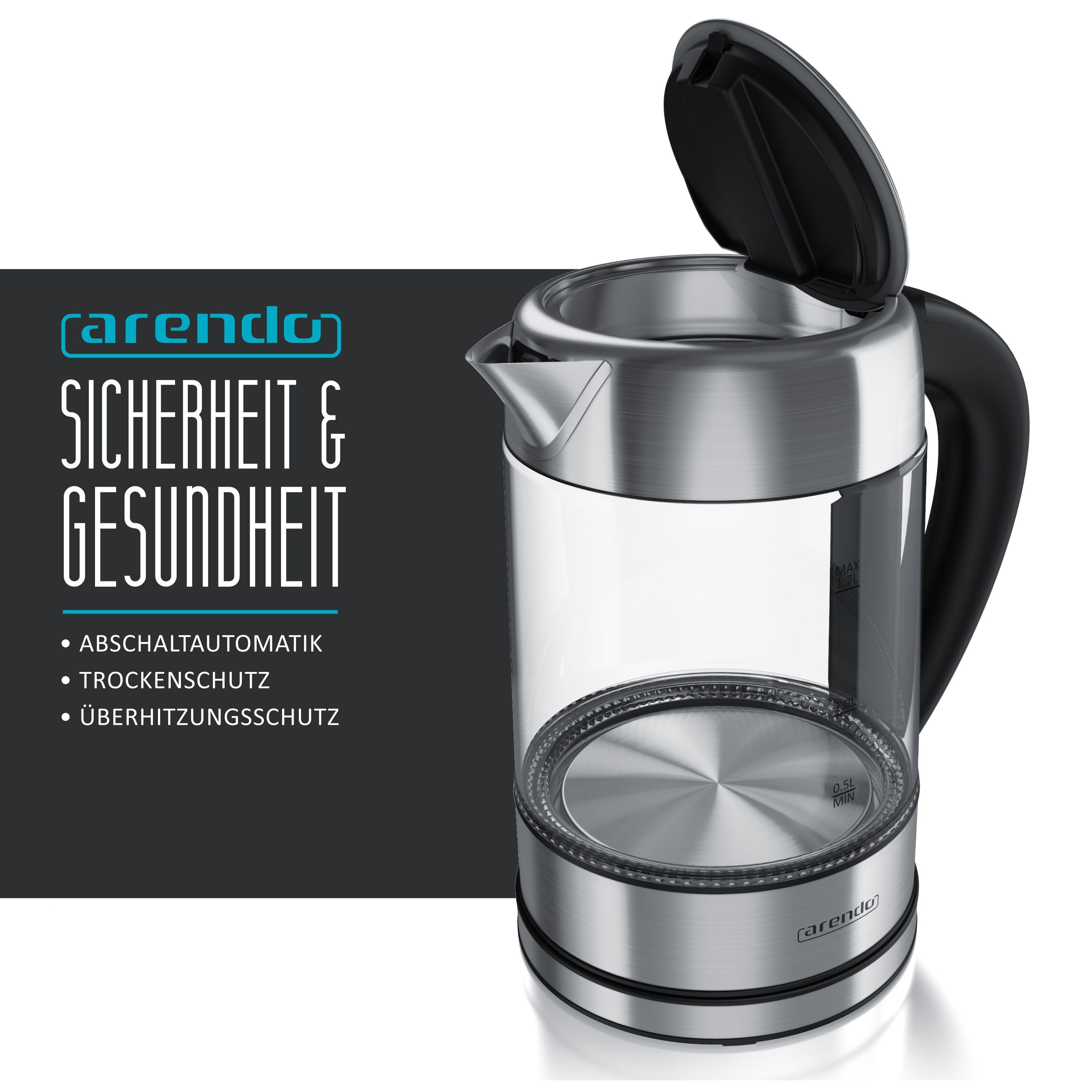 Arendo Wasserkocher aus Glas & Edelstahl, mit Temperatureinstellung, RGB Beleuchtung, 1,7 l, 2200 W, Glaskörper, Temperaturwahl 40-100°C, Aufkochfunktion Warmhaltefunktion