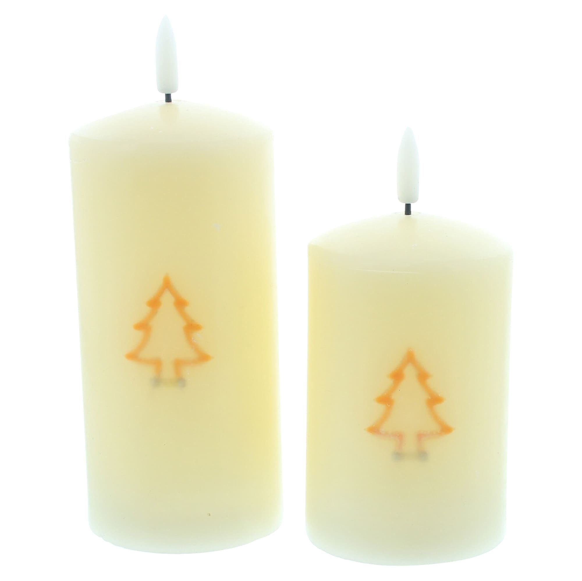 Dekoleidenschaft LED-Kerze "Tannenbaum" elektrische Свечи flackernd Stumpenkerze 13 + 18 cm hoch (2-tlg., im Set), Echtwachs Wachskerze, Weihnachtsdeko, Winterdeko