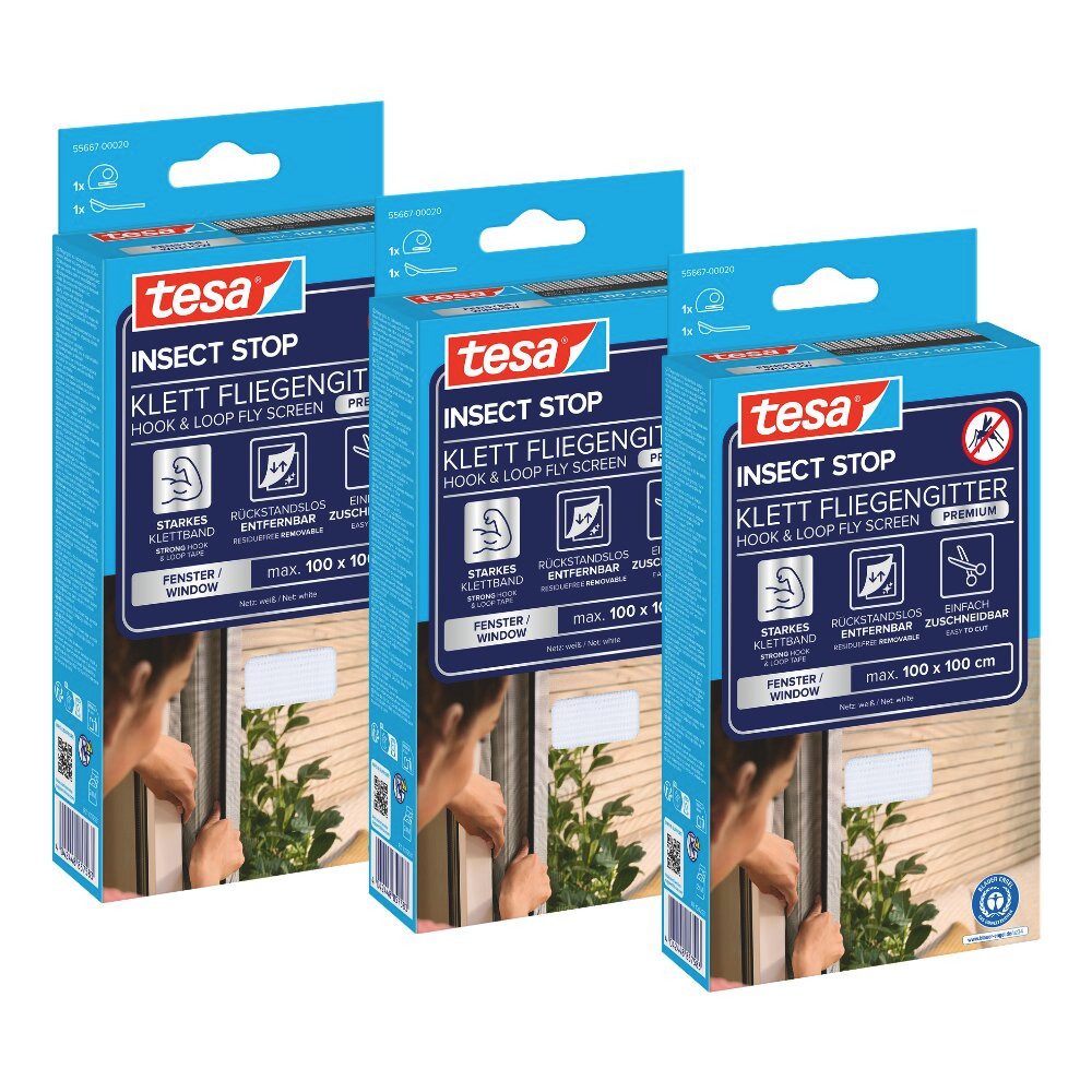 tesa Insektenschutz-Fensterrahmen Klett Fliegengitter Premium für Fenster, Insektenschutz, ohne bohren, (Komplett-Set, 3-St., zuschneidbar, selbstklebend - 100 cm x 100 cm - Weiß (Sichtschutz), Mückenschutz mit starkem Klettband, rückstandsfrei entfernbar