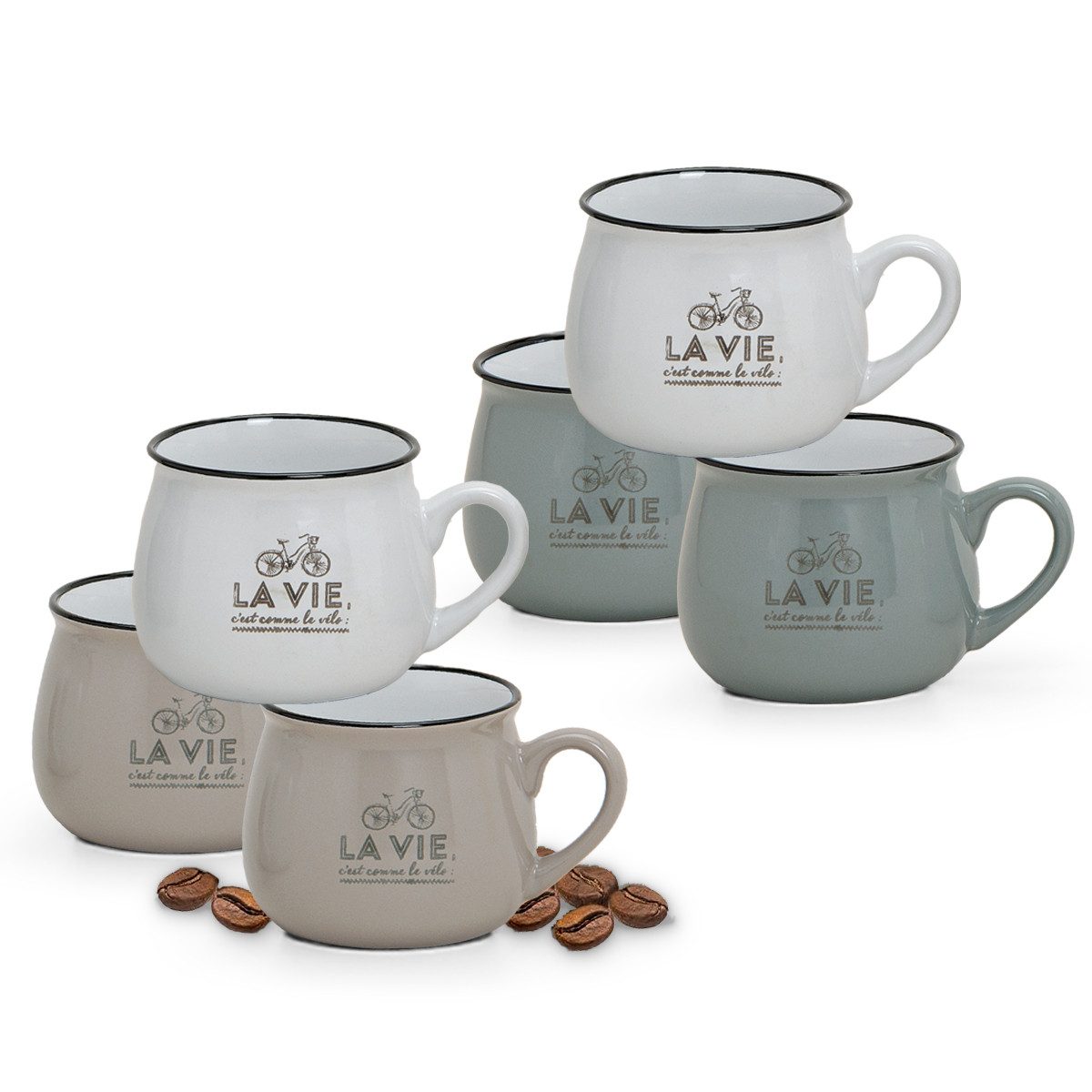 matches21 HOME & HOBBY Tasse Kaffeetassen 6er Set bauchig Fahrrad mit Spruch La Vie, 6-tlg., Keramik, Tee Kaffee-Becher, modern Vintage, grau beige weiss, 300 ml