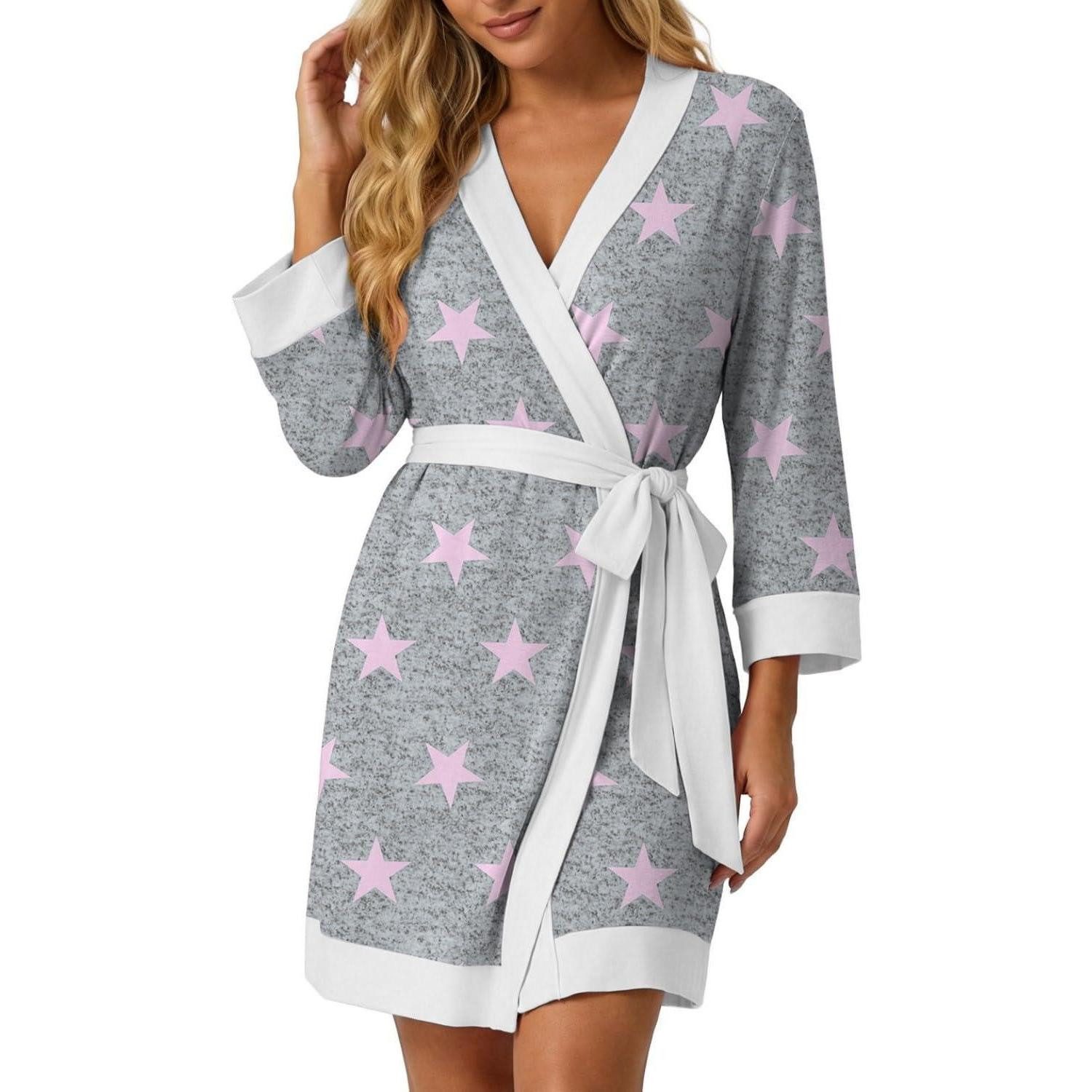 LuxusKollektion Kimono Bademantel Damen Kurz Rosa Stern, Textil, Kimono-Kragen