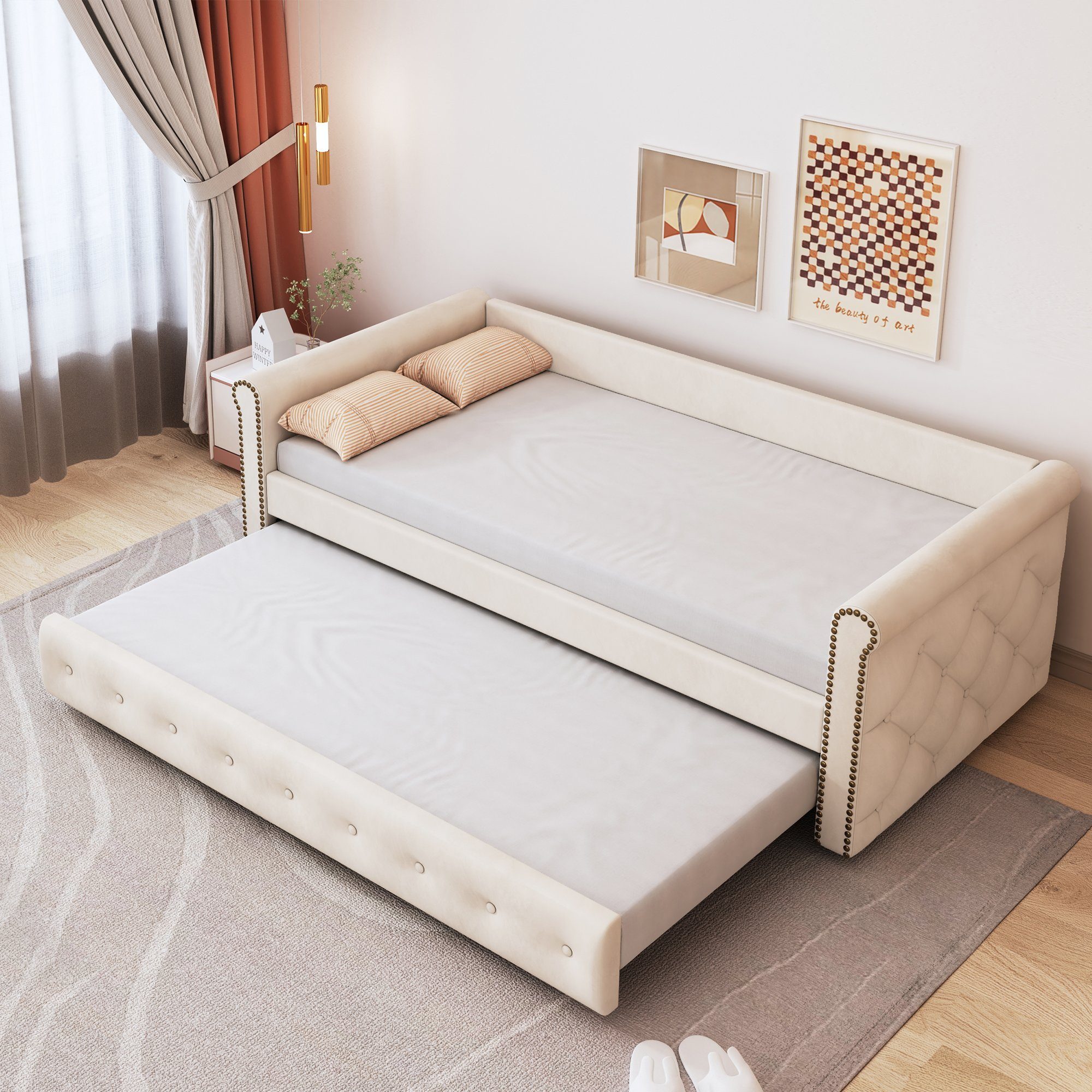 SOFTWEARY Schlafsofa Einzelsofa mit Bettfunktion, Ausziehbett inkl. Lattenrost, 90x200 cm, Einzelbett, Jugendbett aus Holz, Bezug aus Samt beige
