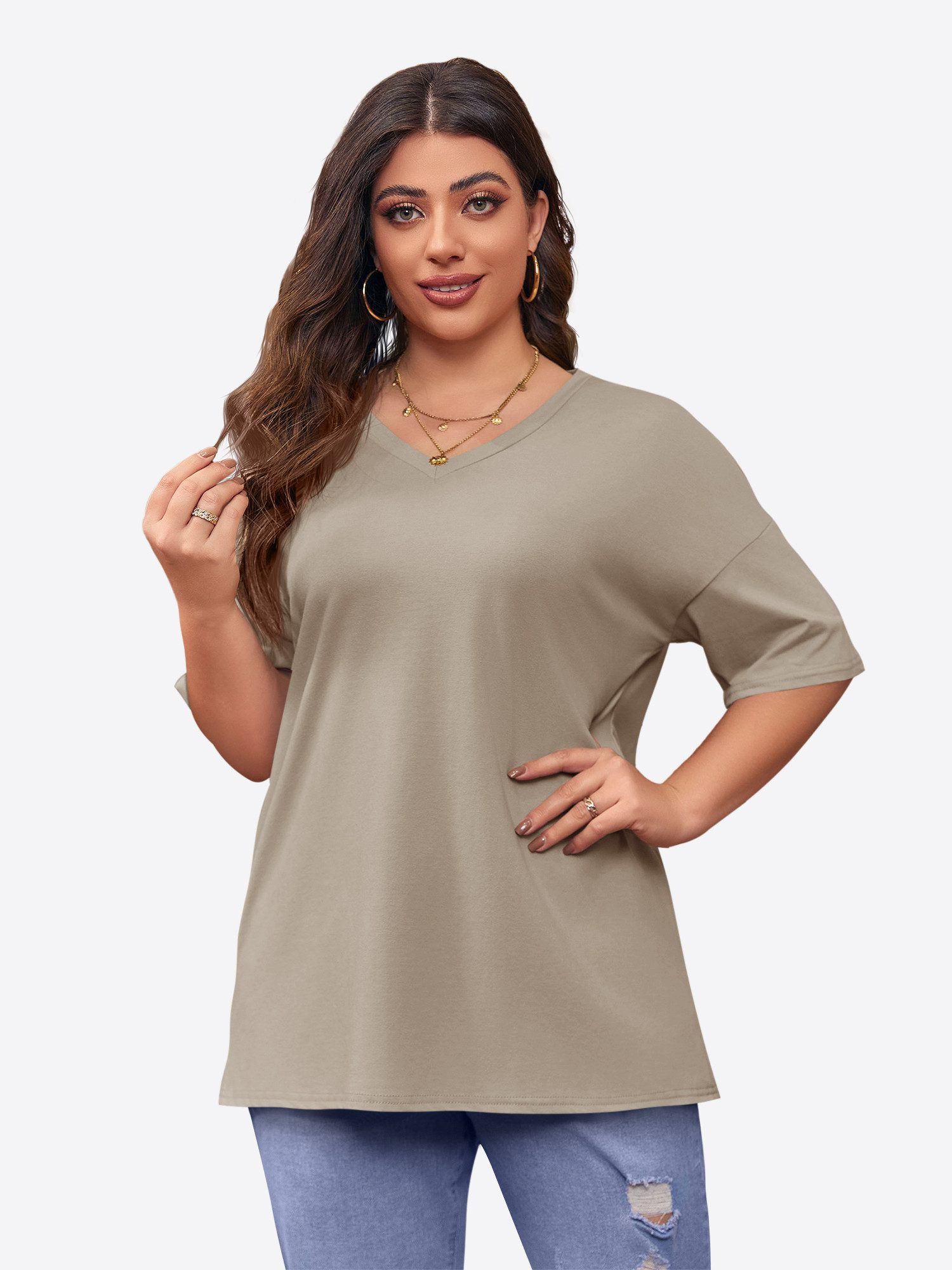 T-Shirt Damen Lockeres V-Ausschnitt Halbarm Loose Basic
