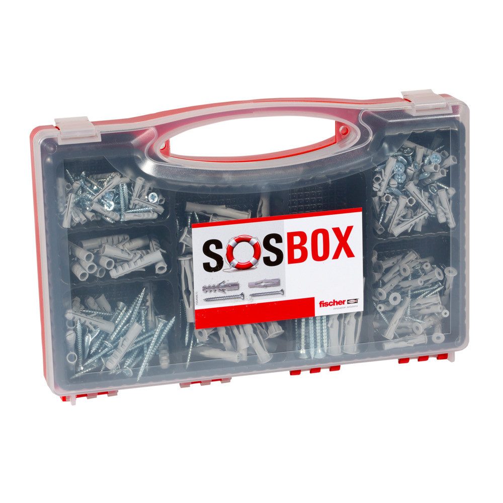 fischer Schrauben- und Dübel-Set SOSBOX Dübel S und FU mit Schrauben, 360 Teile, (360 St., S 5x25/6x30/8x40 je 40/40/30, FU 6x35/8x50/10x60 je 30/30/10)