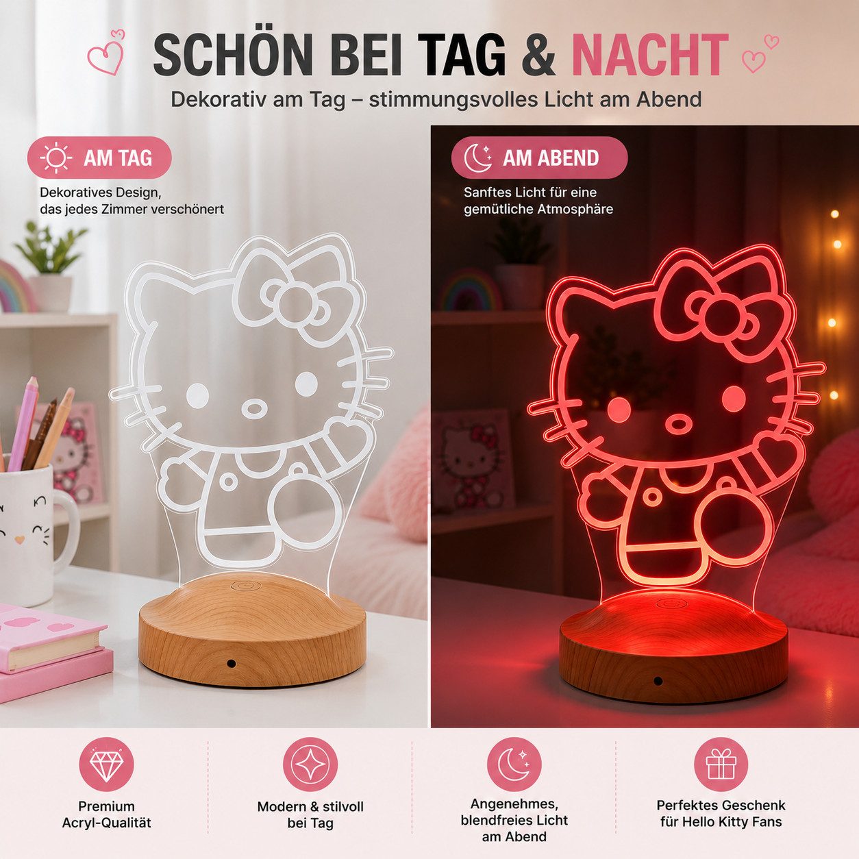 Geschenkelampe LED Nachttischlampe Süße Kitty 3D Nachtlampe Geschenk für Mädchen Kinderzimmer Deko, Schlummerlicht, Mit Fernbedienung & 16 Farben – Bild 4 von 5