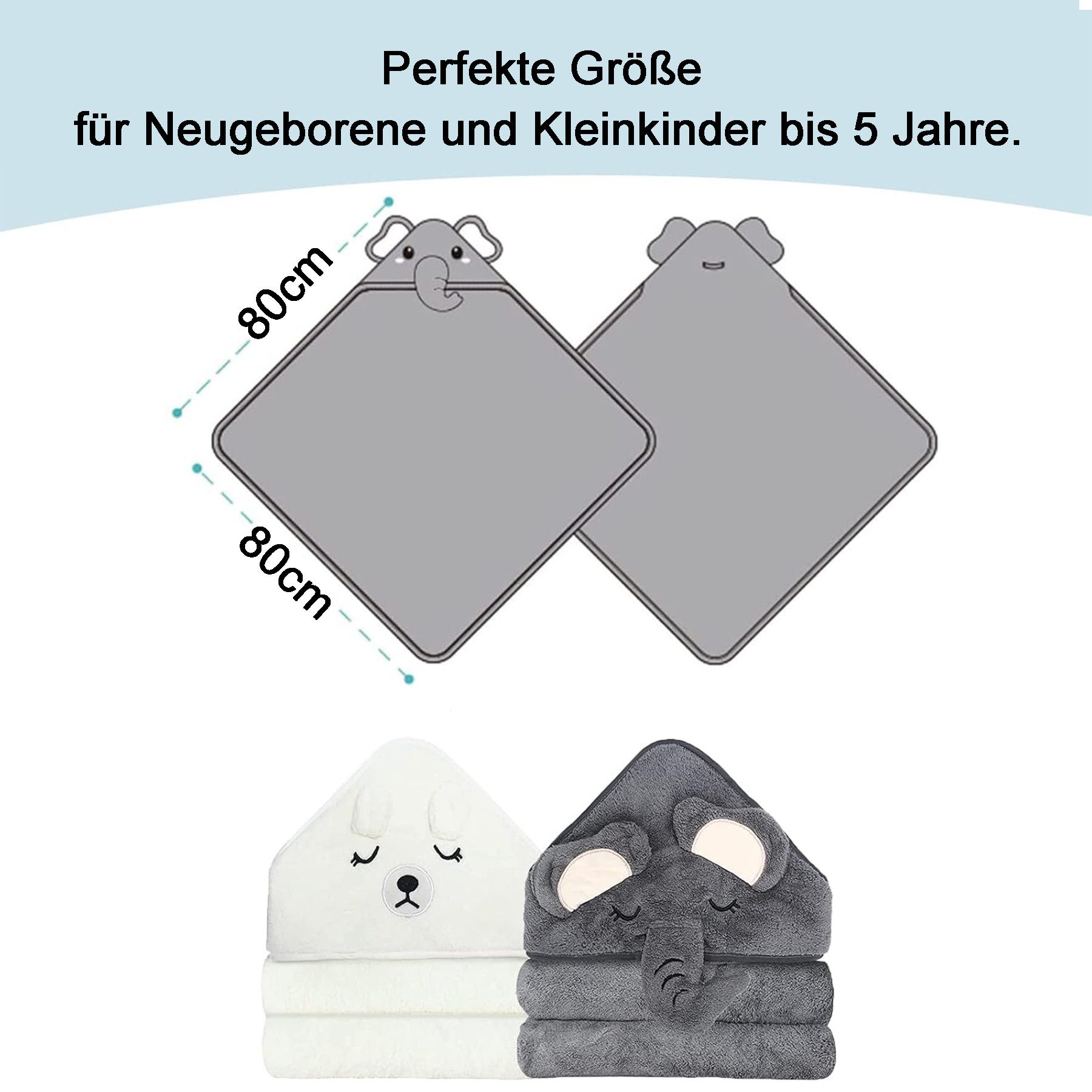 Mutig Kapuzenhandtuch 2 Stück Kapuzenhandtuch für Babys, 80x80 cm, (Babybadetuch aus Korallenvlies, weich & saugfähig), für Kinder von 0–5 Jahren, Handtücher für Babys und Neugeborene