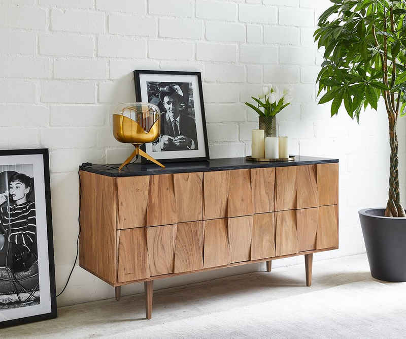 DELIFE Sideboard Shia, Akazie Natur 145 cm Natur Marmor Schwarz 3 Türen 6 Fächer Sideboard