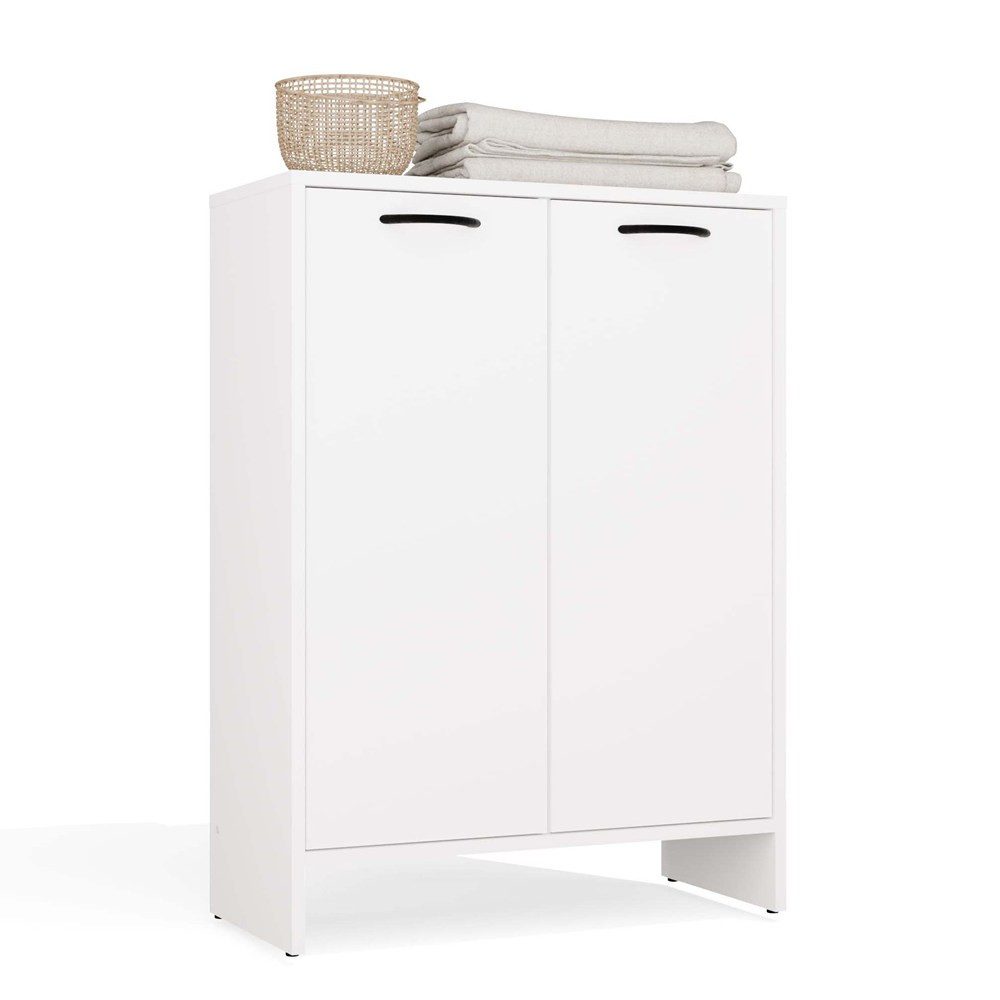 MAGOWA Badkommode NINA 1K1D Weiß – Schrank mit Wäschekorb & Regalen, modern & kompakt