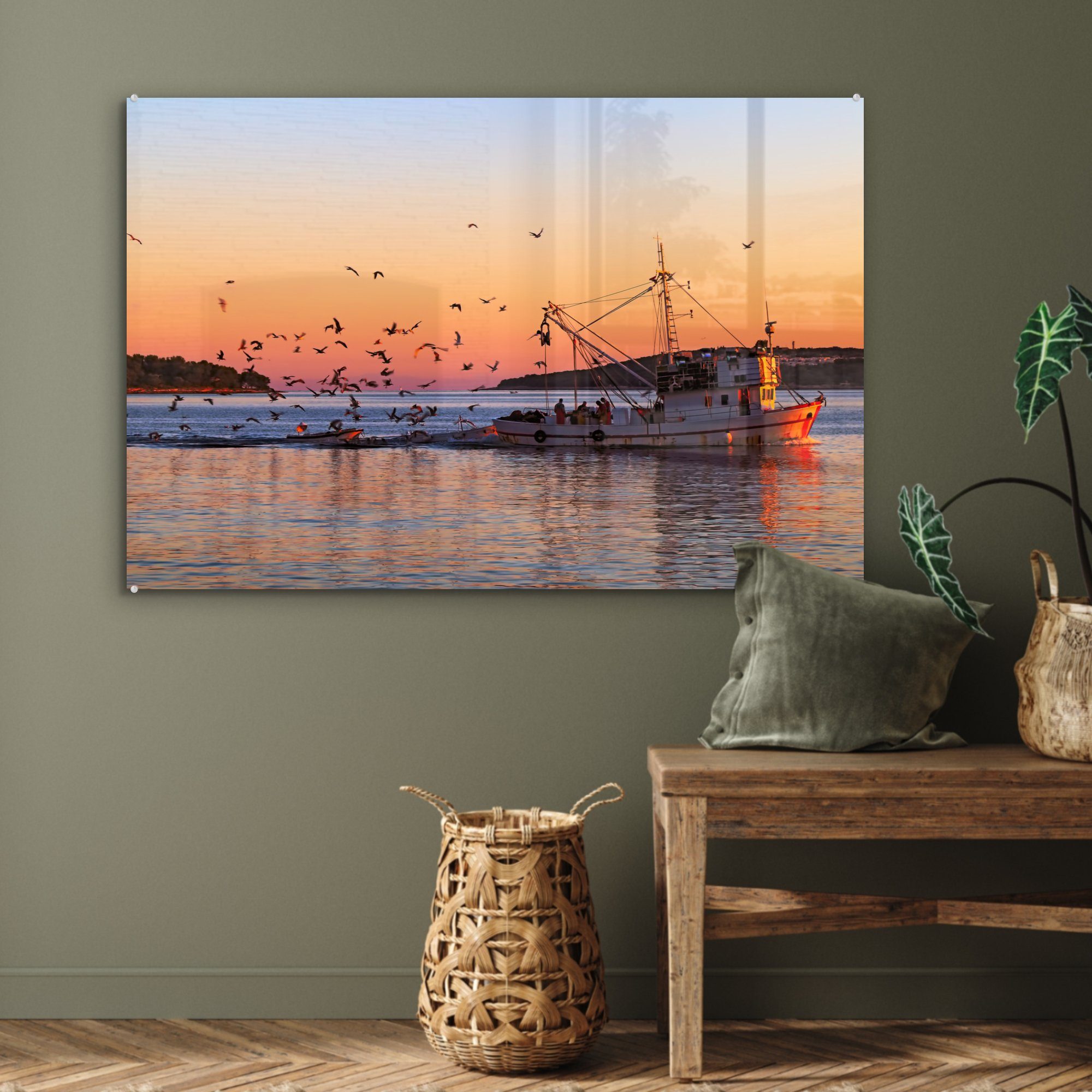Acrylglasbild Fischerboot Sonnenuntergang, (1 & Schlafzimmer Wohnzimmer St), MuchoWow bei Acrylglasbilder
