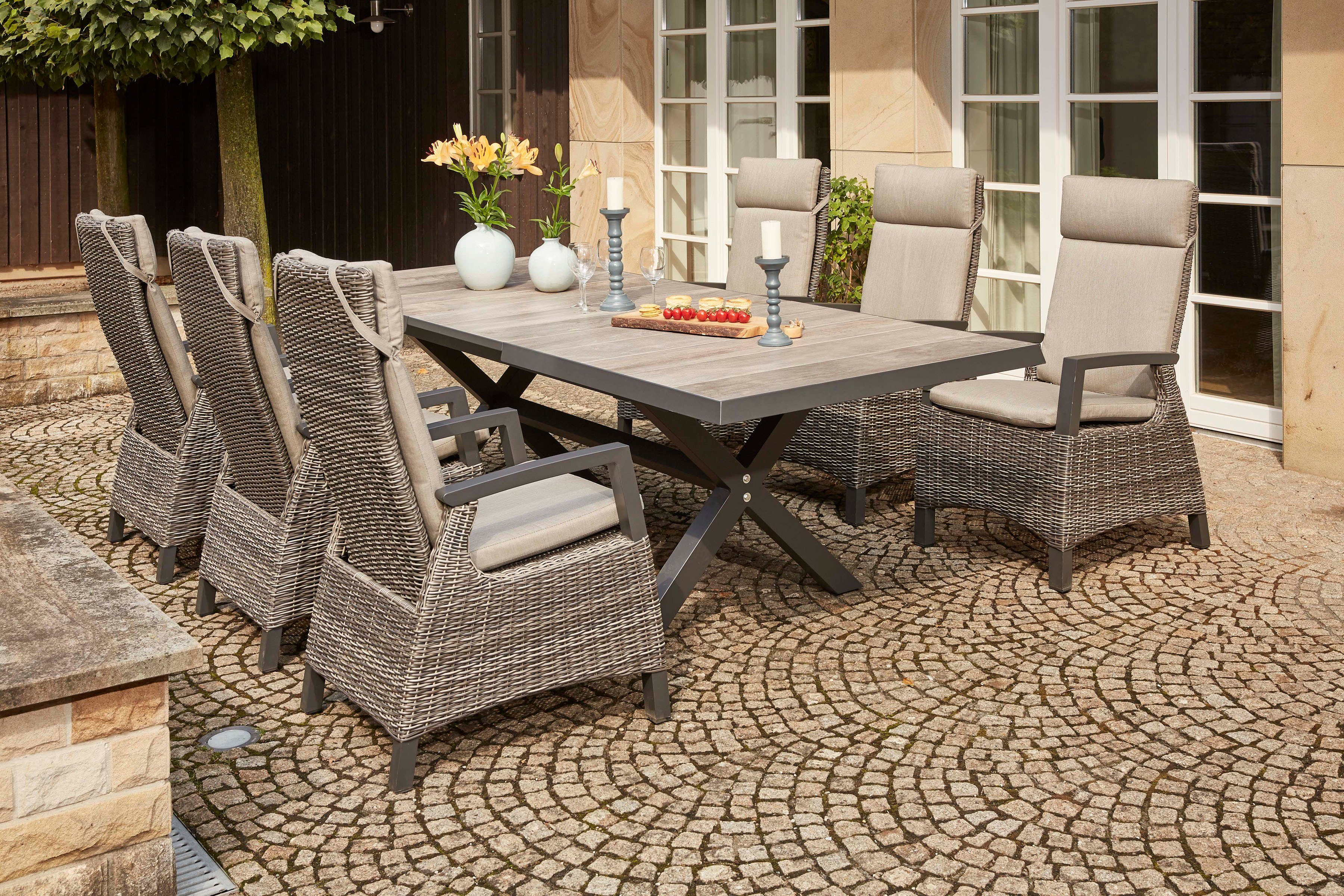 Siena Garden Garten-Essgruppe Corido, (7-tlg., 6 Sessel: 72x61x109 cm, Tisch Sincro: 200/260x100x77 cm,inkl. Auflagen), Aluminium, verstellbar, ausziehbar, geeignet für 6 bis 8 Personen