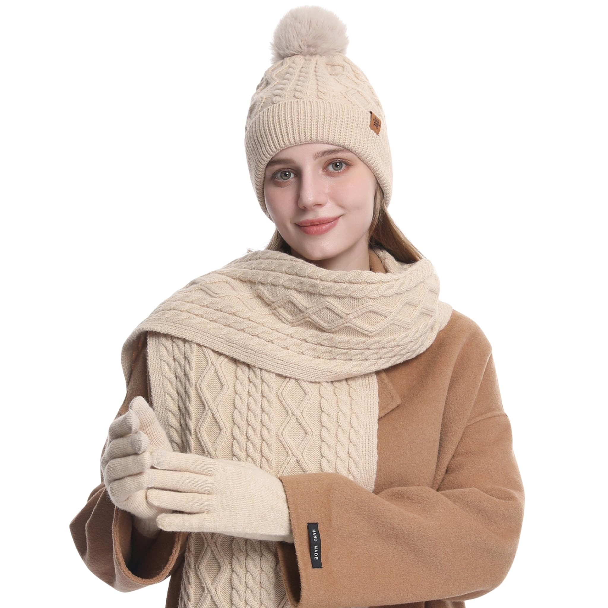 Cachito Mütze & Schal 3 in 1 Winter Mütze Schal Handschuh Set Für Herren Damen Weiche Warme Gestrickt Strickmütze mit Bommel, Schal & …