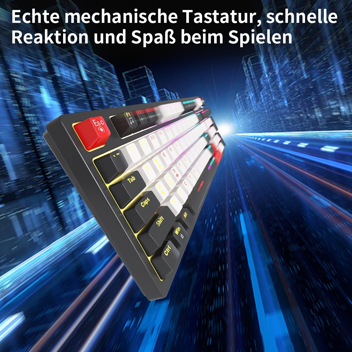 BUMHUM Nicht deutsche Gaming-Tastatur RGB-Gaming-Tastatur Tastatur,RGB-Beleuchtung mechanische mit Echte (Zweifarbige Tastatur und Kabe) Doppel- schwarz Dreifarbige