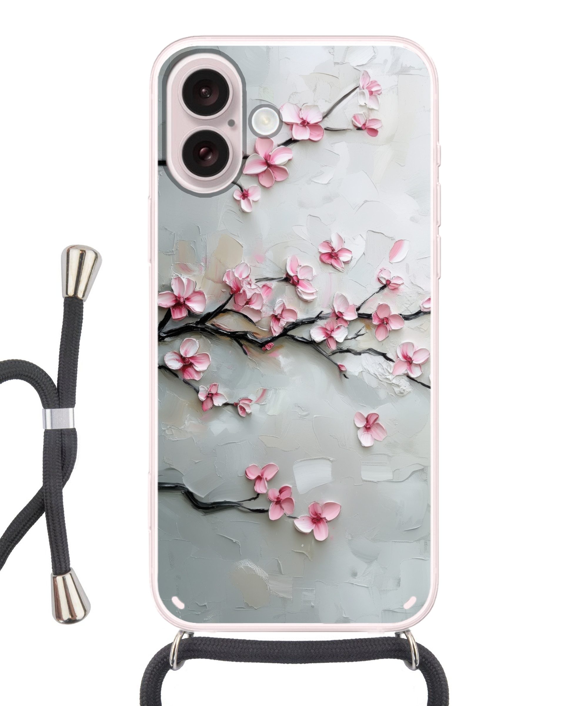 MuchoWow Handyhülle für Apple iPhone 16 Blüte - Künstlerisch - Rosa - Sakura, Tragbare Handyhüllen mit Kette zum umhängen, Handykette Handyband