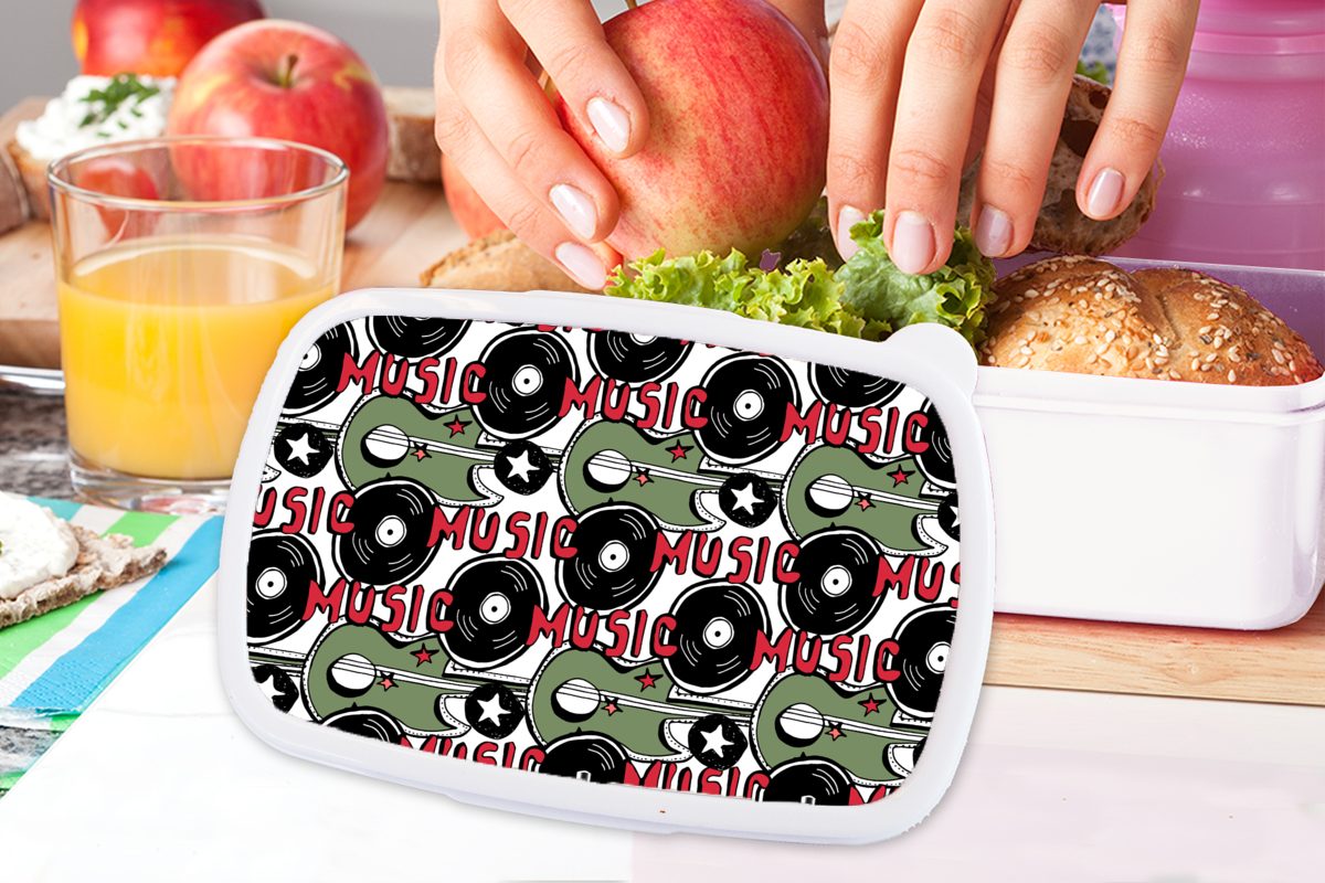 Kunststoff, - - und (2-tlg), Muster Lunchbox für Brotbox Kinder Vinyl, für Mädchen MuchoWow Jungs und weiß Brotdose, Musik Erwachsene,