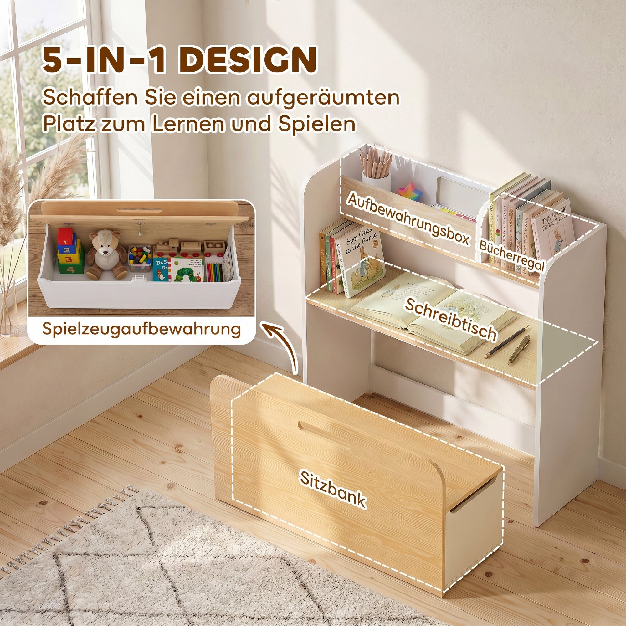 AIYAPLAY Kindersitzgruppe Kindertisch mit Sitzbank 5-in-1 mit Bücherregal rollbar Truhebank, (Kinder Tisch Stuhl Set, 2-tlg., Kindermöbel), für Kinderzimmer, fü – Bild 4 von 5