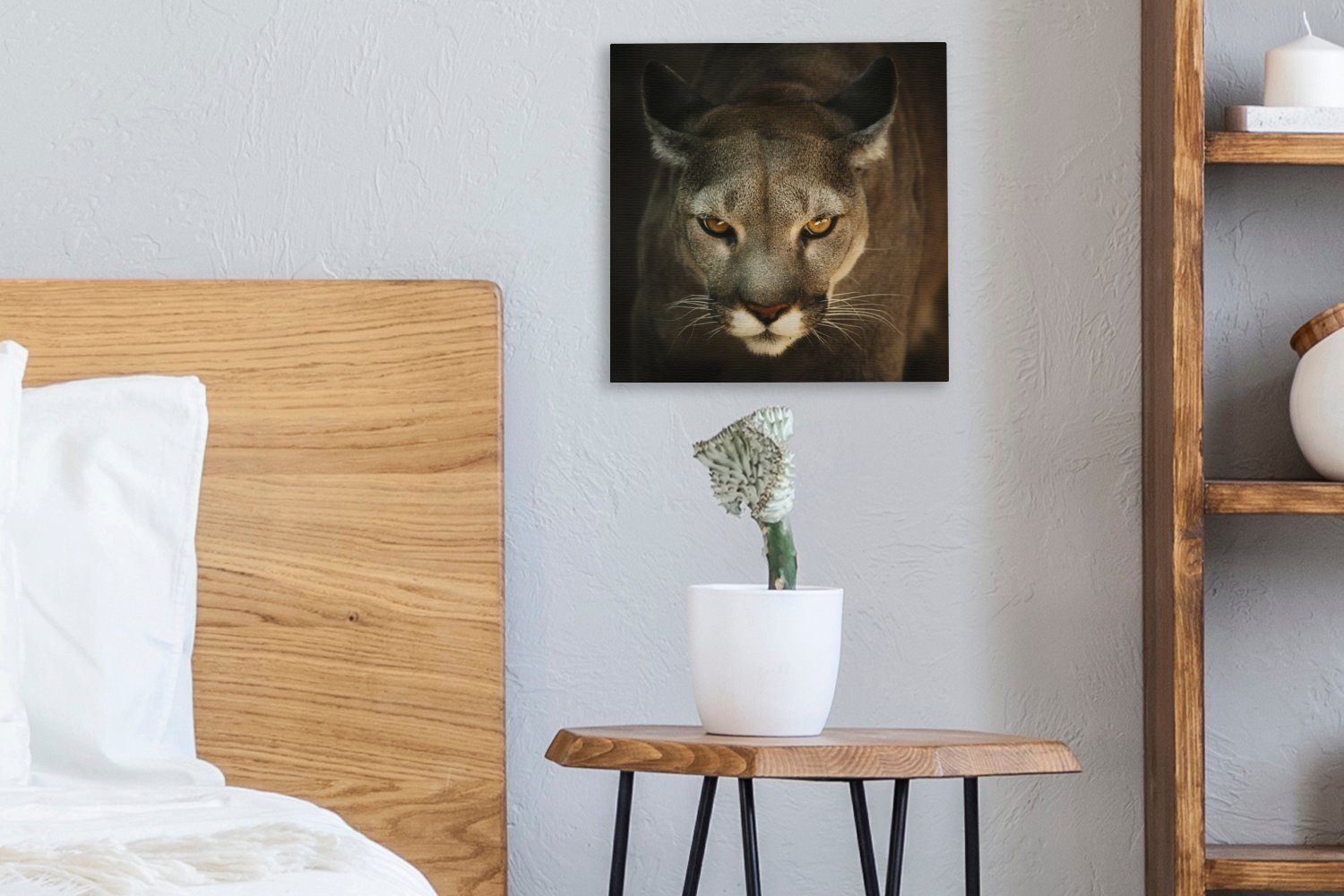 OneMillionCanvasses® Leinwandbild Ein Puma in Leinwand Schlafzimmer Augen, für Bilder Wohnzimmer Jagdstellung mit (1 St), gelben
