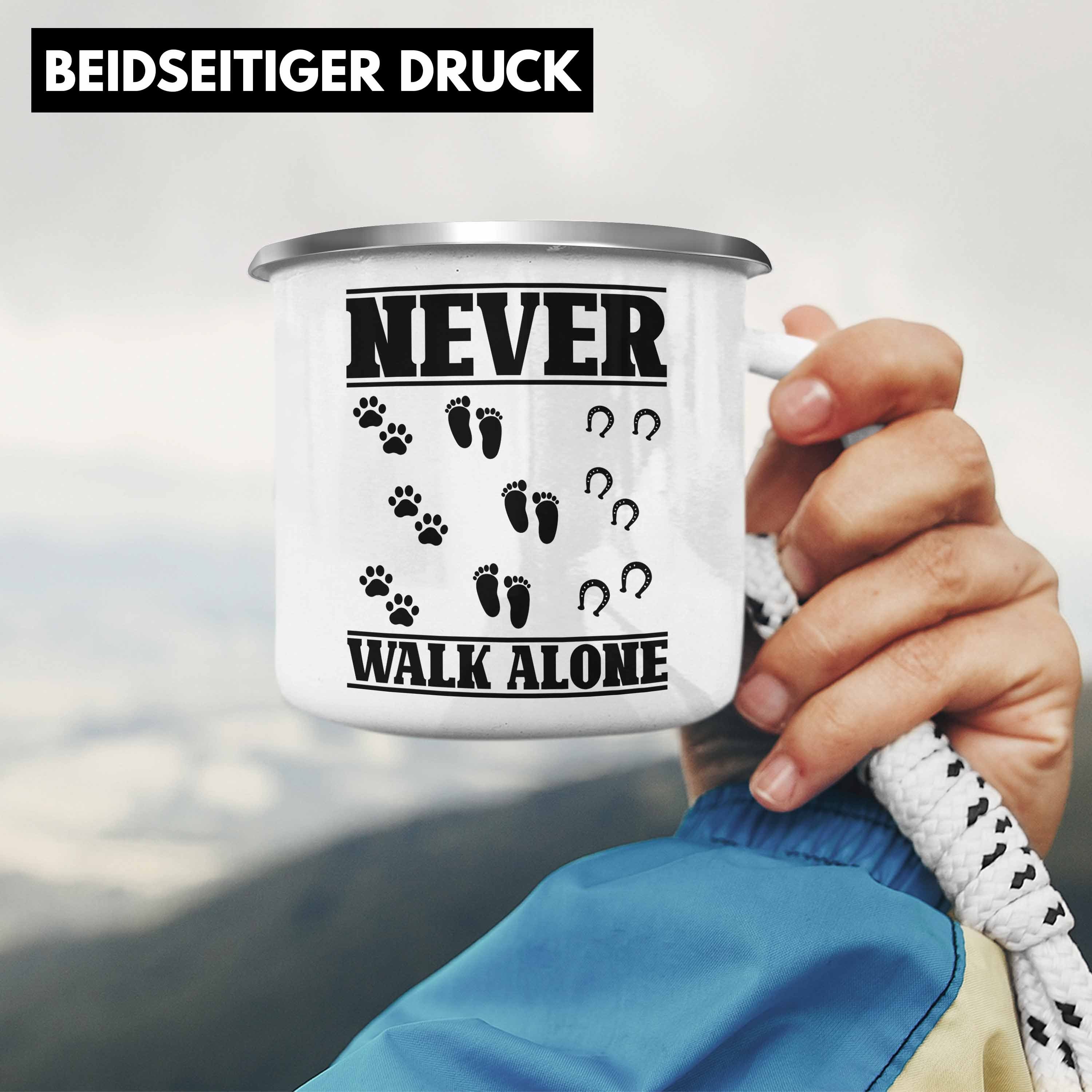 Trendation Thermotasse Tasse Hund Never Reiter - Trendation Alone Walk Emaille Geschenk Geschenk Silber Mädchen Reiterin Pferde Pferd