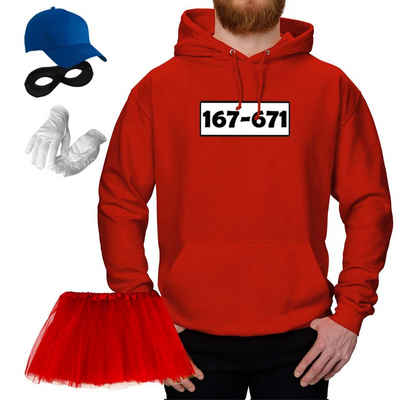 Jimmys Textilfactory Kostüm Hoodie Panzerknacker Deluxe+ Kostüm-Set Tütü Karneval Fasching XS-5XL, Shirt+Cap+Maske+Handschuhe+Tütü rot