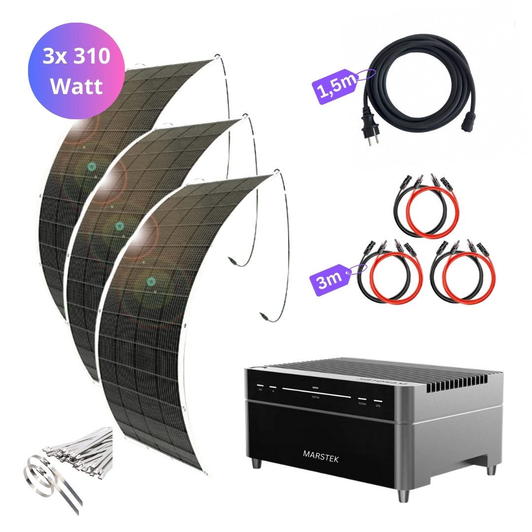 MyVoltaics Balkonkraftwerk MyUltraleicht 930 Watt MIT SPEICHER Marstek Venus A 2,12 kWh, 930 W, Versand 0 €, Komplettset mit 4 ultraleicht Modulen (Dicke 2 mm), (Set komplett, 4-St., plug & play steckerfertig für Steckdose und Solarmodule, erweiterbar), 800 W Netzausgang, Notstrom direkt am Speicher bis zu 1200 W