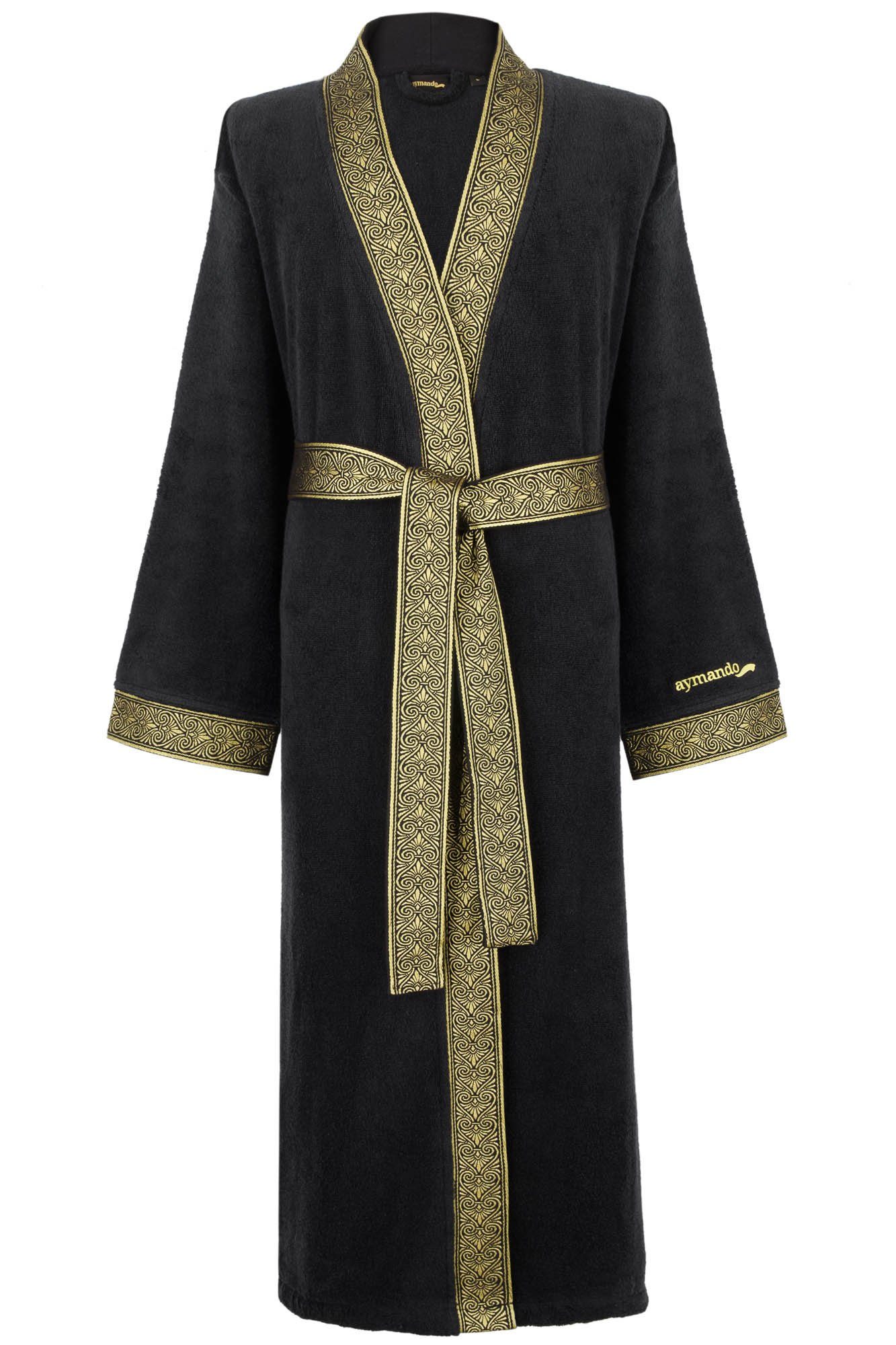 Aymando Bademantel Schwarz, 100% Baumwolle, Ornament Optik, gestickte Gold Bindegürtel, Blende Kimono-Kragen, Geschenkverpackung mit