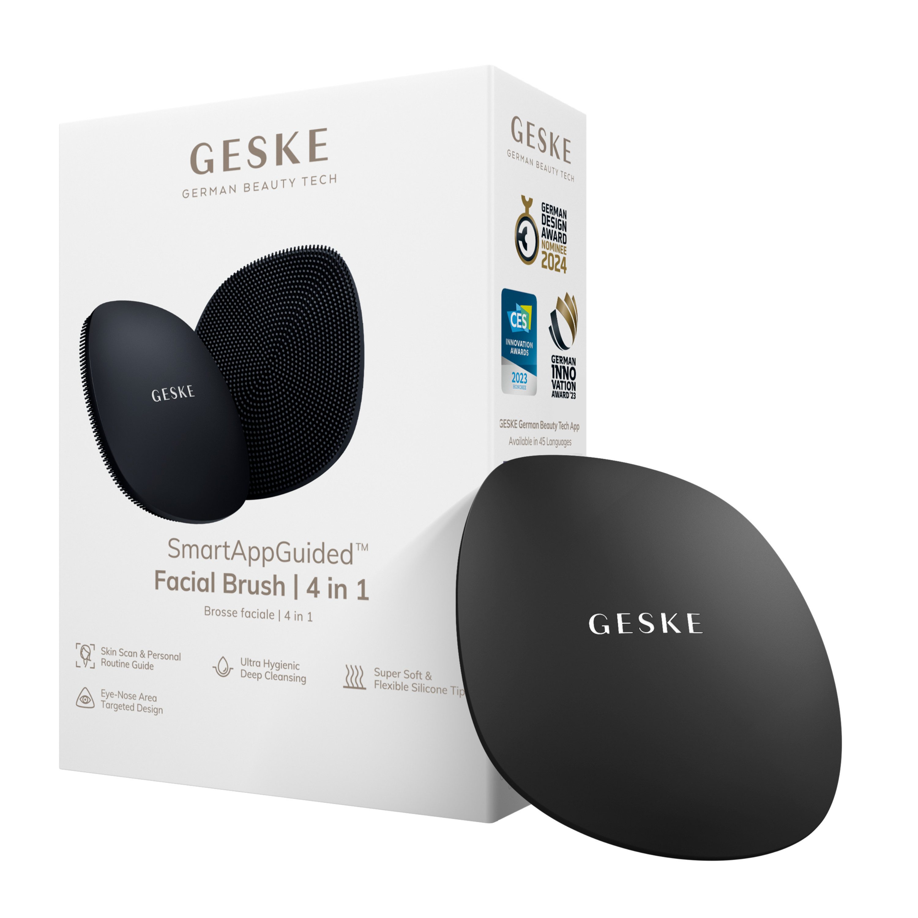 GESKE German Beauty Tech Elektrische Gesichtsreinigungsbürste SmartAppGuided™ Facial Brush 4 in 1, Packung, 1-tlg., inkl. kostenloser APP (SmartAppGuided Device), Mit der GESKE App erhältst Du deine personalisierte Hautpflegeroutine.