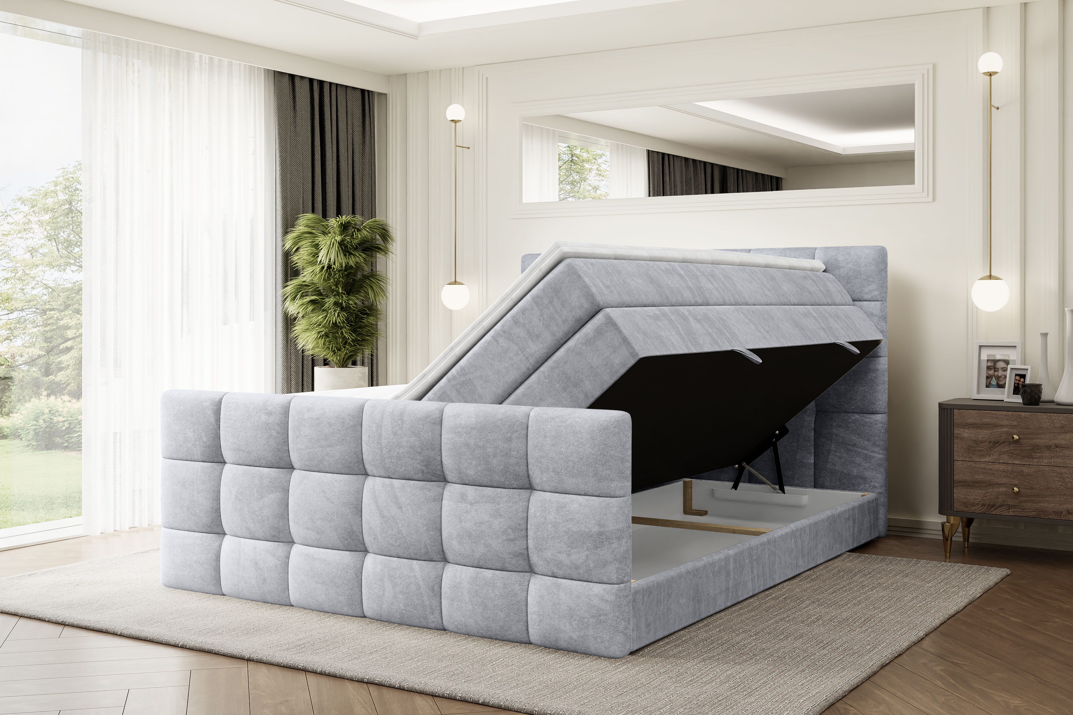 ALTDECOR Boxspringbett BRUGO-Z KING (mit Matratze und Lattenrost Topper Polsterbett mit Bettkasten Boxbett), H4 Multipocket, H3 Bonellfederung, Doppelbett Springboxbett