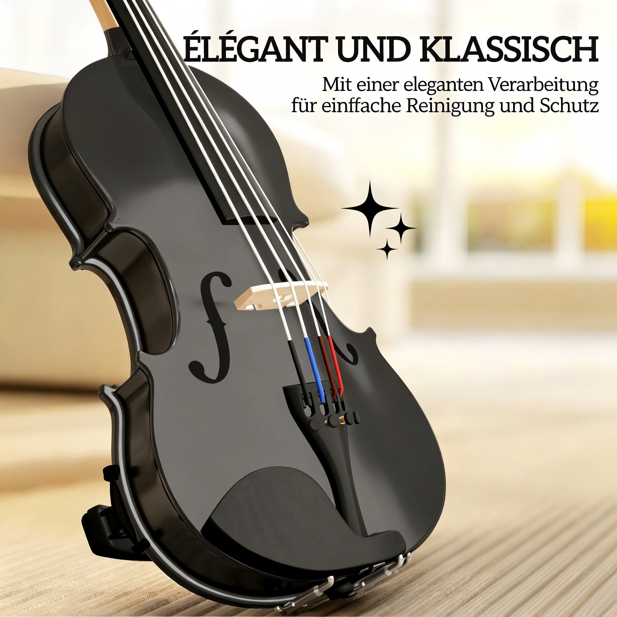 kowdom Violine 4/4 Geige Set Erwachsene Anfänger Massivholz mit Etui Zubehör, klassisch, elegant, komplett montiert, sofort spielbereit, komplett montiert, sofort spielbereit, Massivholz, komplettes Set, leichtes Etui