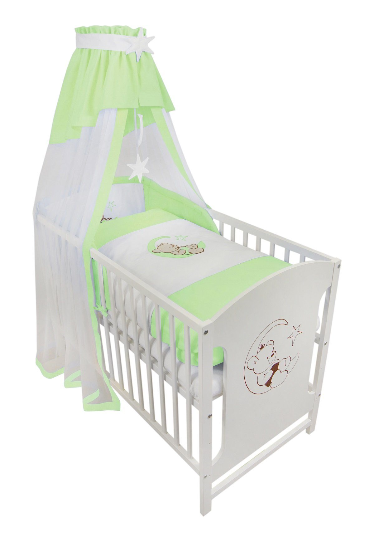Babyhafen Komplettbett 60 × 120 cm Babybett Teddy auf dem Mond Gitterbett Kinderbett, inkl. Matratze, Himmel, Nestchen & Bettwäsche