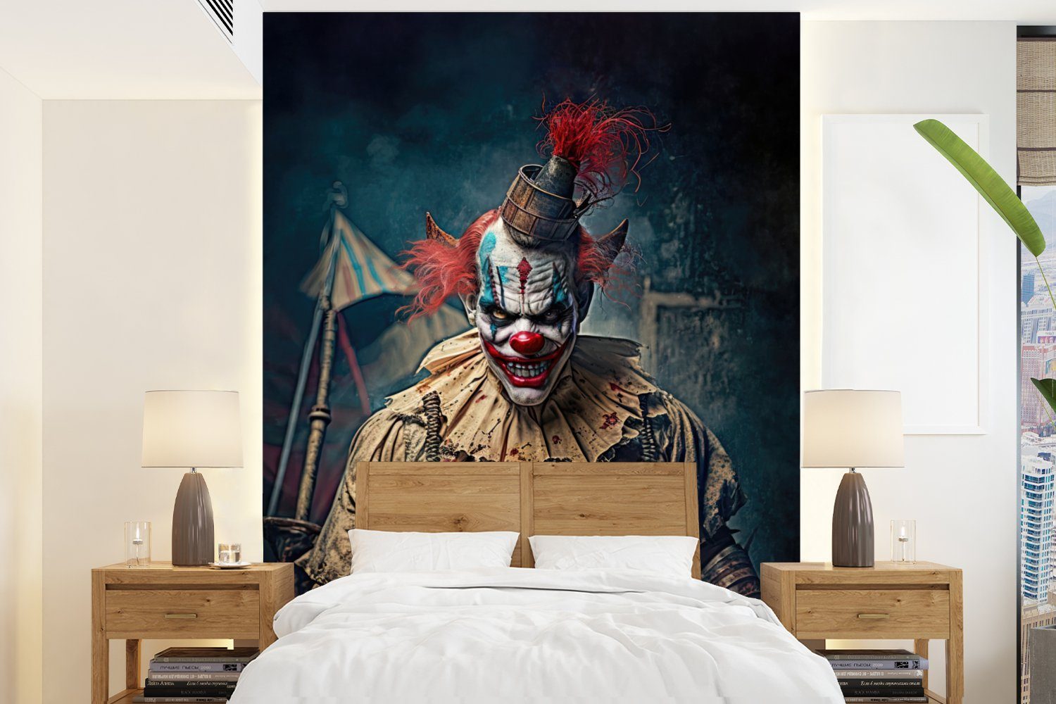MuchoWow Fototapete Clown - Horror - Kleidung - Porträt, Matt, bedruckt, (4 St), Montagefertig Vinyl Tapete für Wohnzimmer, Wandtapete