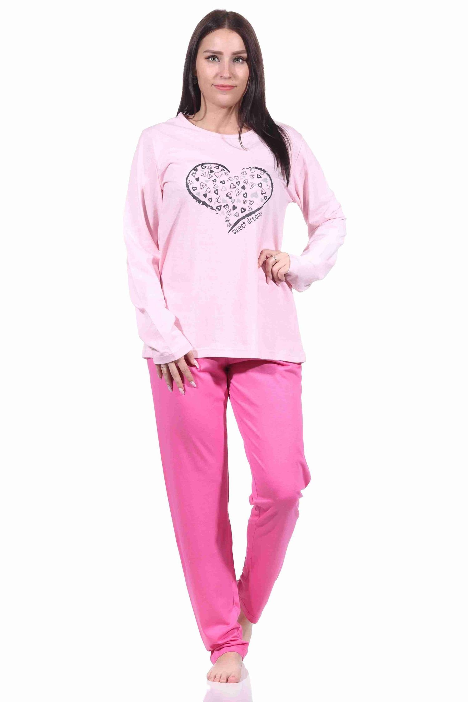 RELAX by Normann Pyjama Damen Pyjama langarm Schlafanzug mit Herzmotiv - 212 10 904 rosa