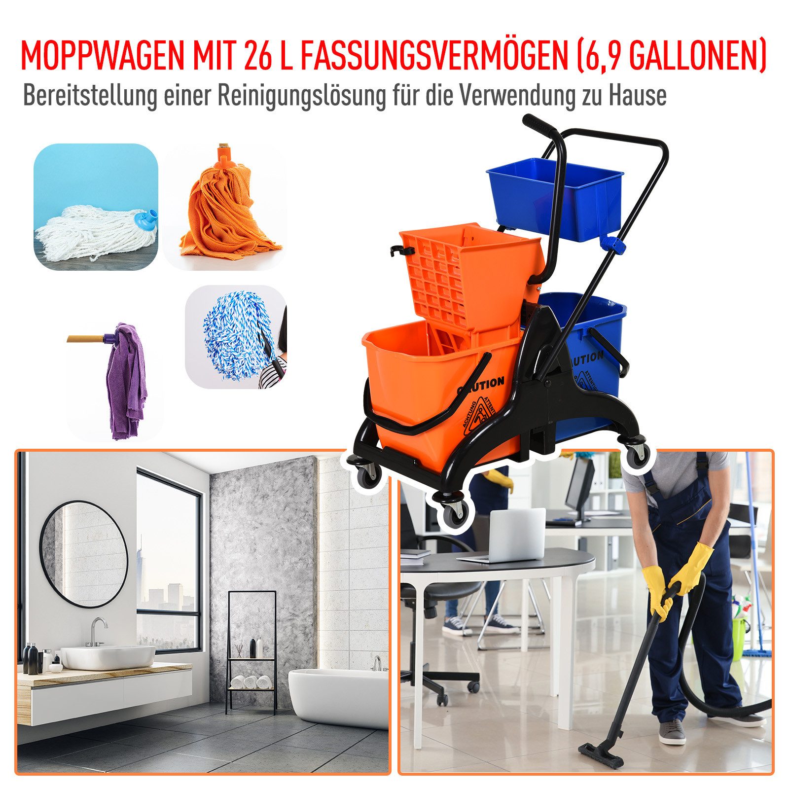 HOMCOM Putzeimer Putzwagen Wischwagen mit Wischmopp-Presse Haushaltswagen Orange, (Reinigungswagen, 1-tlg., Wischwagen mit Wischmopp-Presse), mit Rollen, 26 Lit – Bild 4 von 5