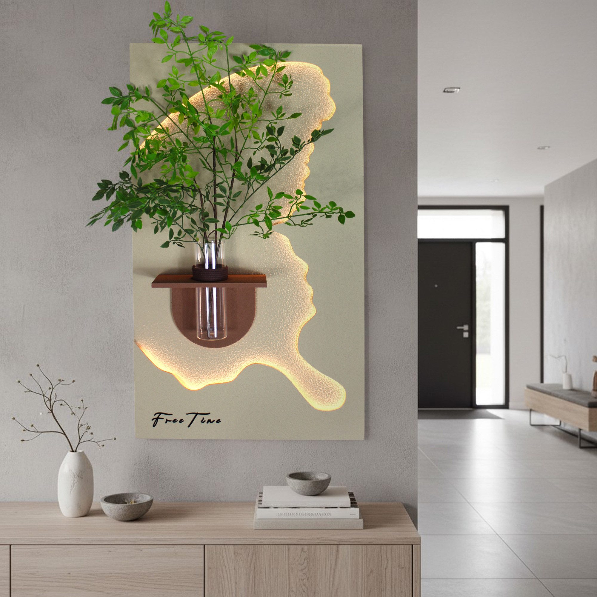 Arnusa LED-Bild 3D Wandbild mit LED-Beleuchtung & dekorativer Glasvase, Baum, Wanddeko Wandskulptur Wohnzimmerdeko