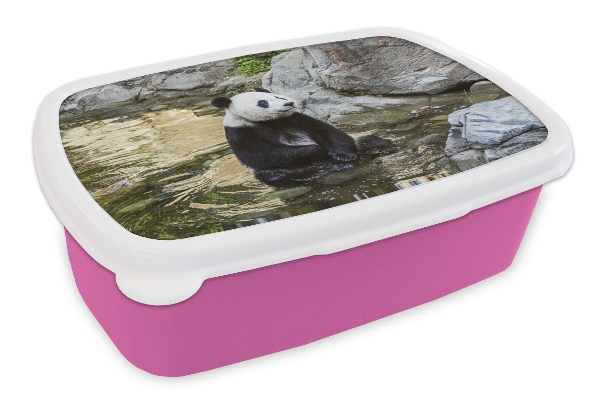 MuchoWow Lunchbox Panda - Fluss - Stein, Kunststoff, (2-tlg), Brotbox für Erwachsene, Brotdose Kinder, Snackbox, Mädchen, Kunststoff rosa