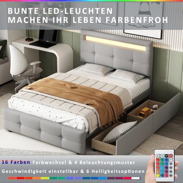 Sweiko Polsterbett, Verstellbares Kopfteil mit LED-Licht, Einzelbett mit 2 Schubladen, Leinen, 90*200cm