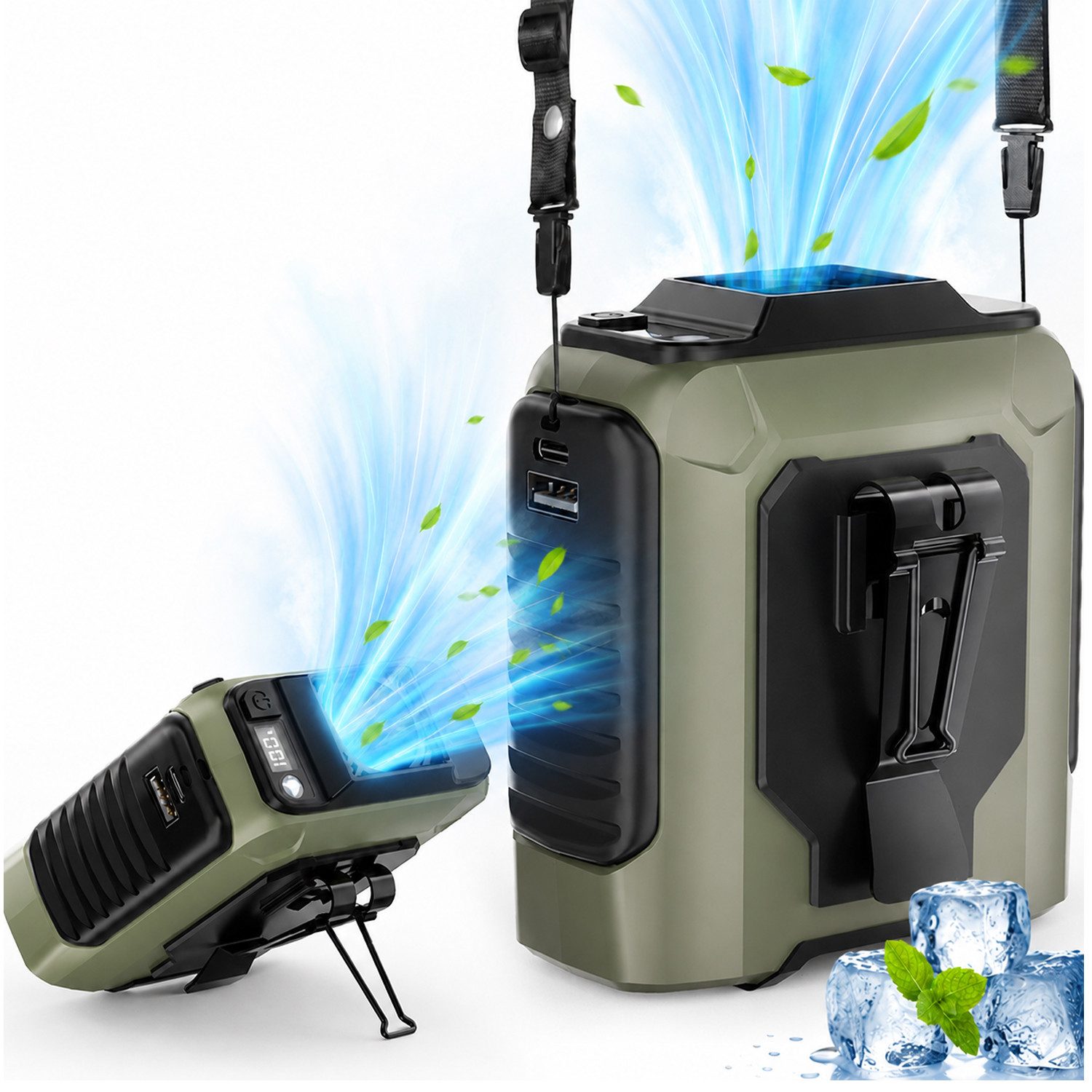 MOPUEA Akku-Standventilator Tragbar 3-in-1 Gürtelventilator 5 Stufen Mini Ventilator für Outdoor